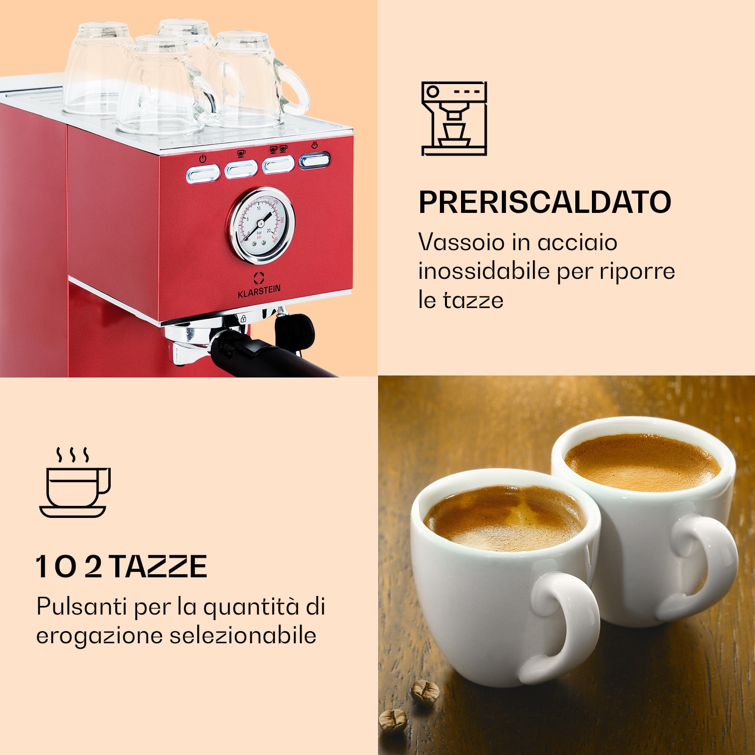 Pausa Espressomaker 1350 Watt 20 Bar di pressione Serbatoio dell'acqua: 1,4 litri in acciaio inossidabile Rosso metallizzato