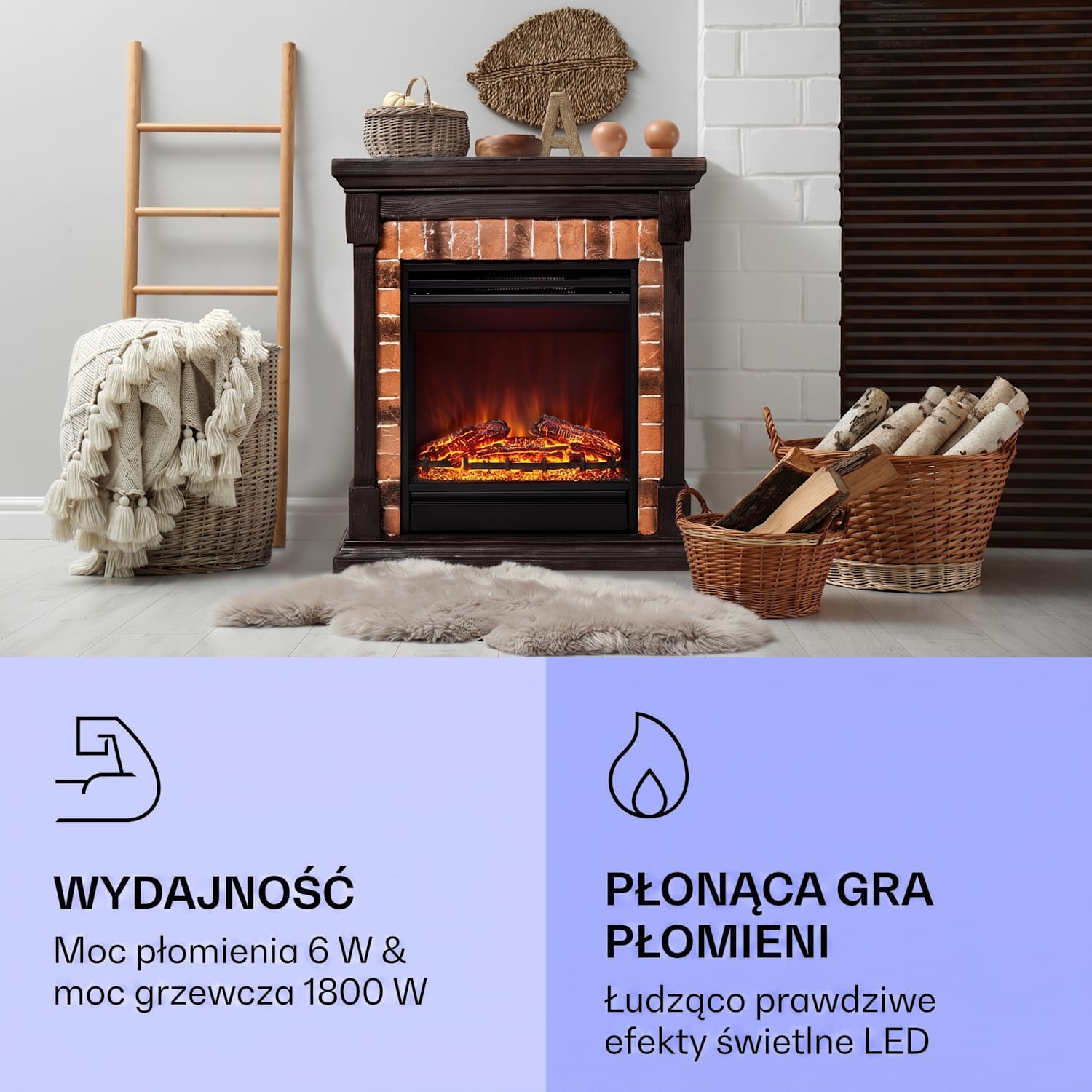 Beerenberg, kominek elektryczny, 1800 W, funkcja ogrzewania 10-30°C, pilot zdalnego sterowania Ciemnobrązowy