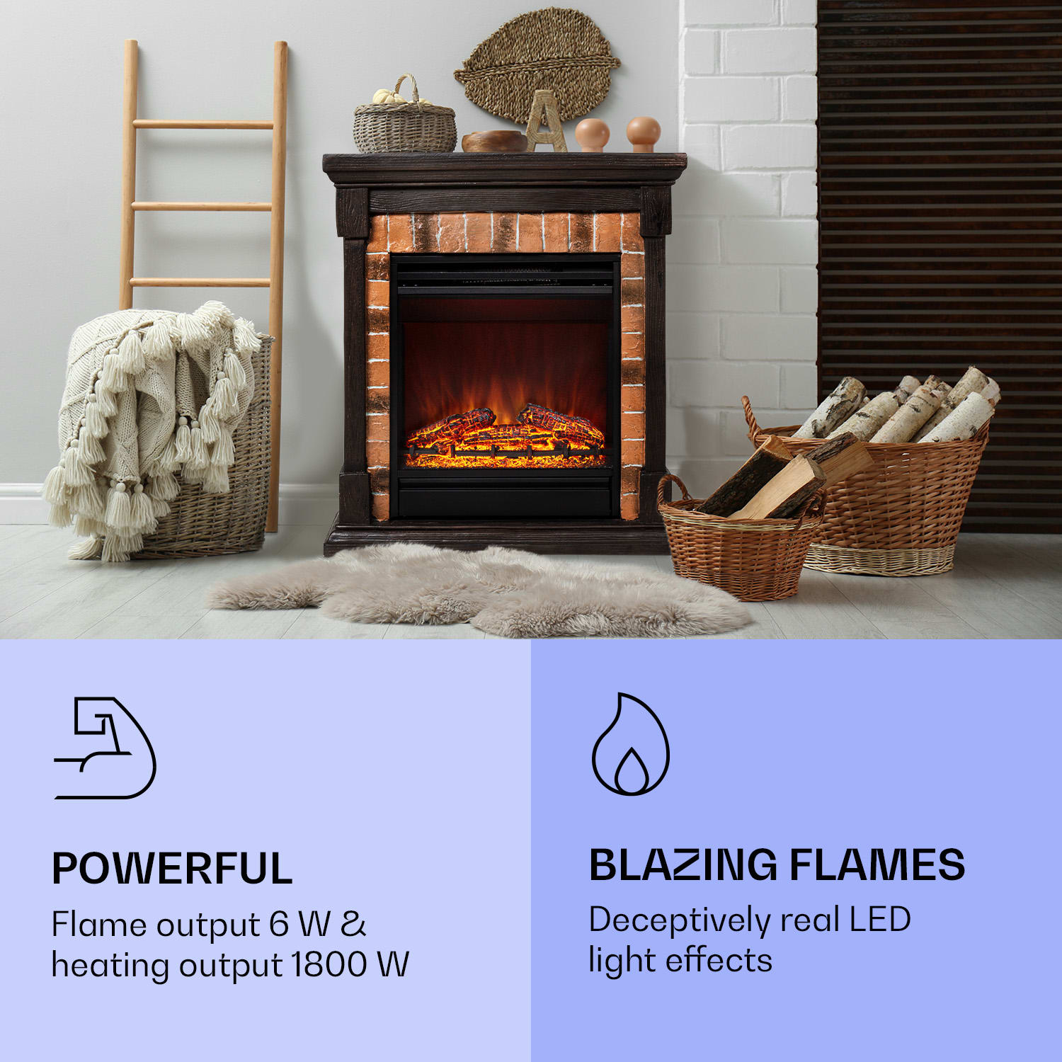 Lareira elétrica Beerenberg 1800 W função de aquecimento 10 a 30 °C comando de controlo remoto Marrom Escuro