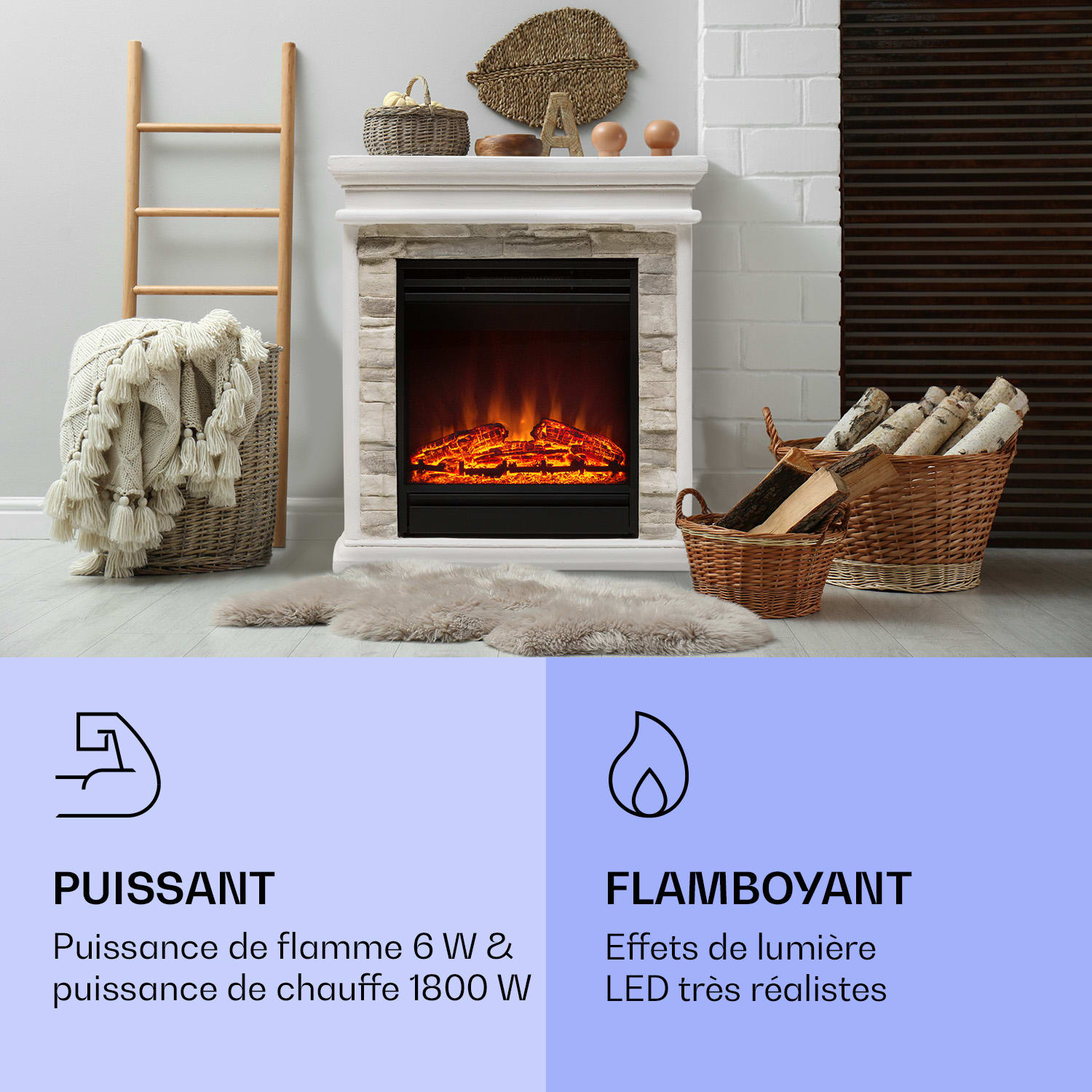 Nevis Peak Cheminée électrique 1800 W Fonction chauffage 10 à 30 °C Télécommande Blanc