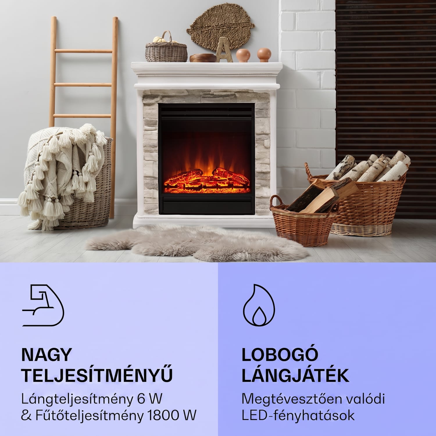 Nevis Peak, elektromos kandalló, 1800 W, 10 - 30 °C fűtési funkció, távirányító 