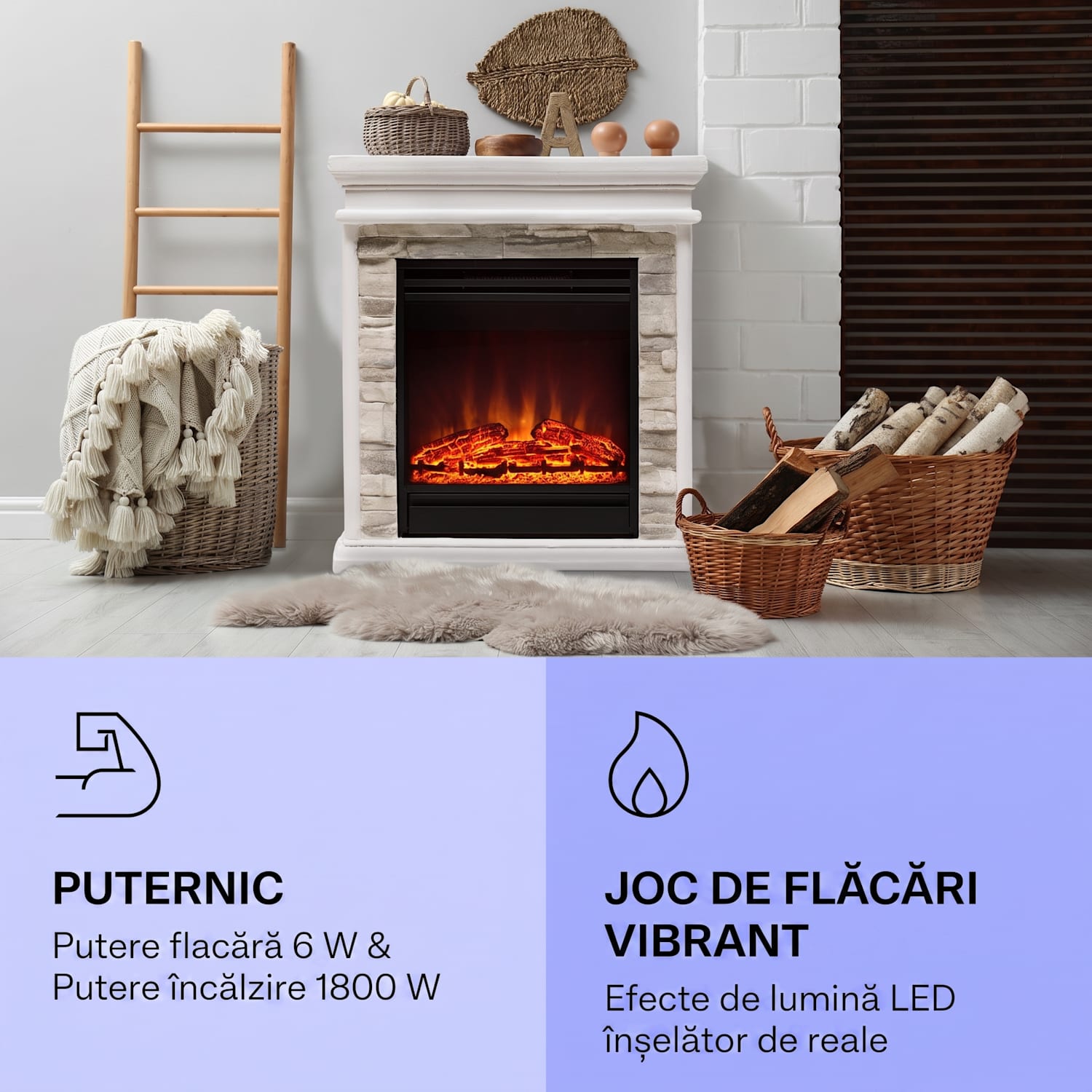 Șemineu electric Nevis Peak 1800 W Funcție de încălzire 10 până la 30 °C  Telecomandă Alb