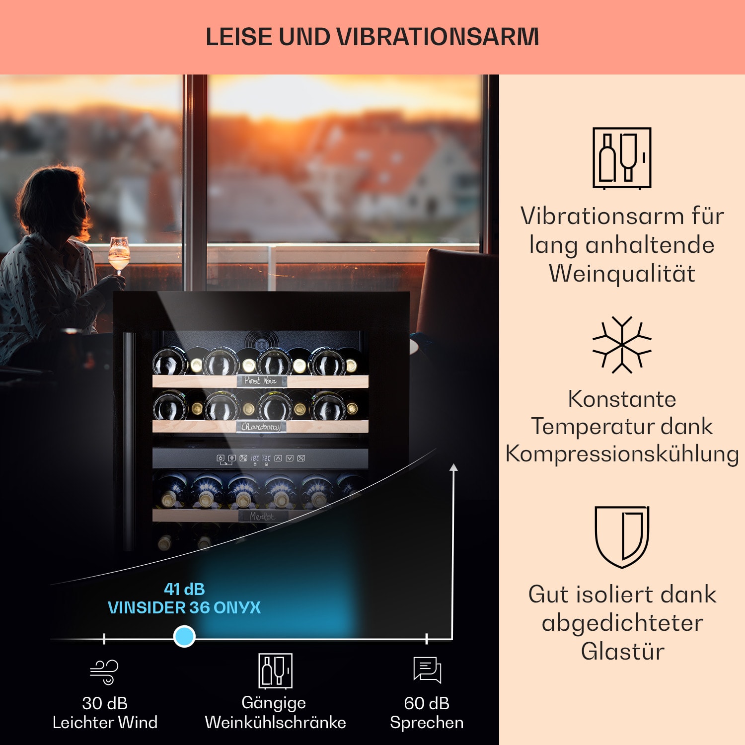 Vinsider 36 Onyx Edition Weinkühlschrank 2 Kühlzonen 5-22°C 85l  36 Flaschen | 2 Kühlzonen | Schwarz
