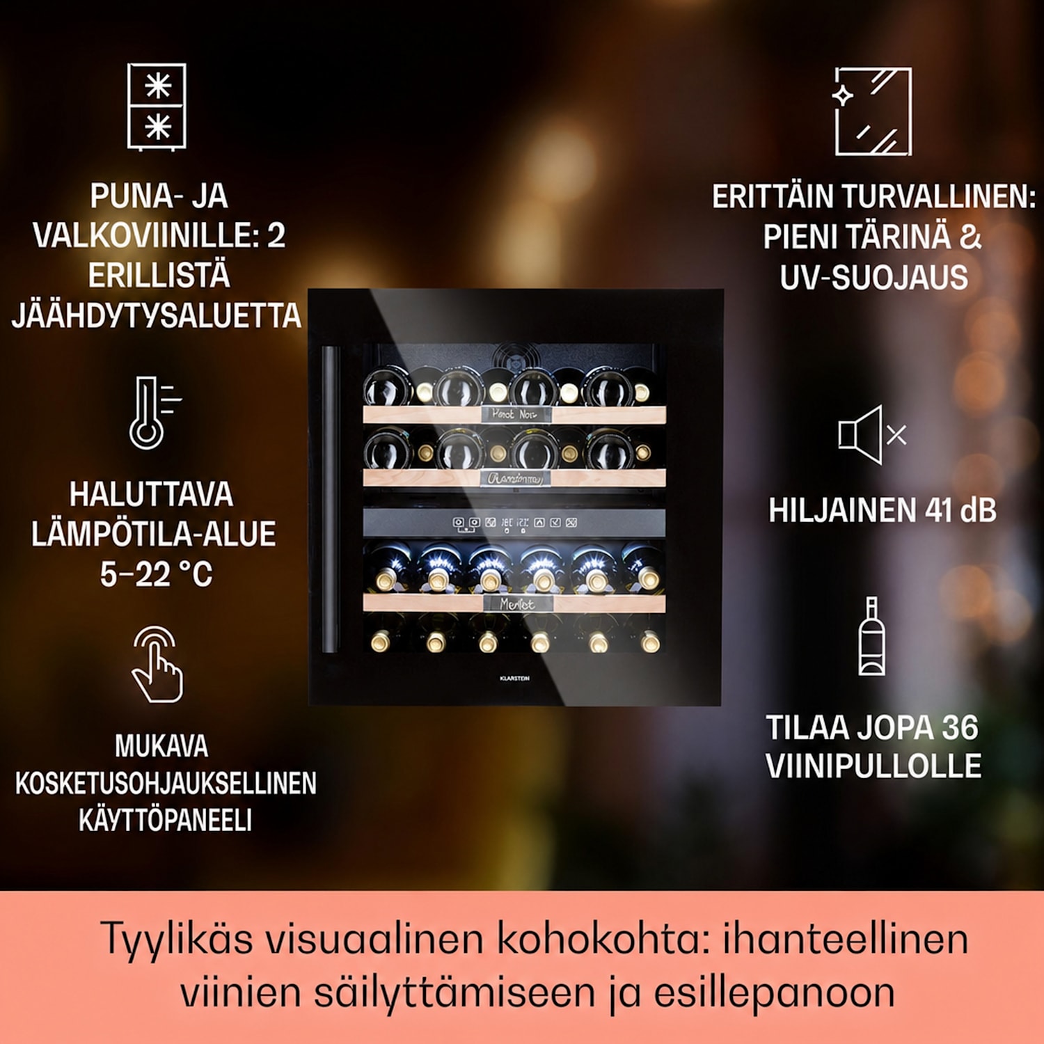 Vinsider 36 Onyx Edition -viinikaappi 2 jäähdytysaluetta 5-22 °C 85 l  60 cm | 36 pulloa | Musta