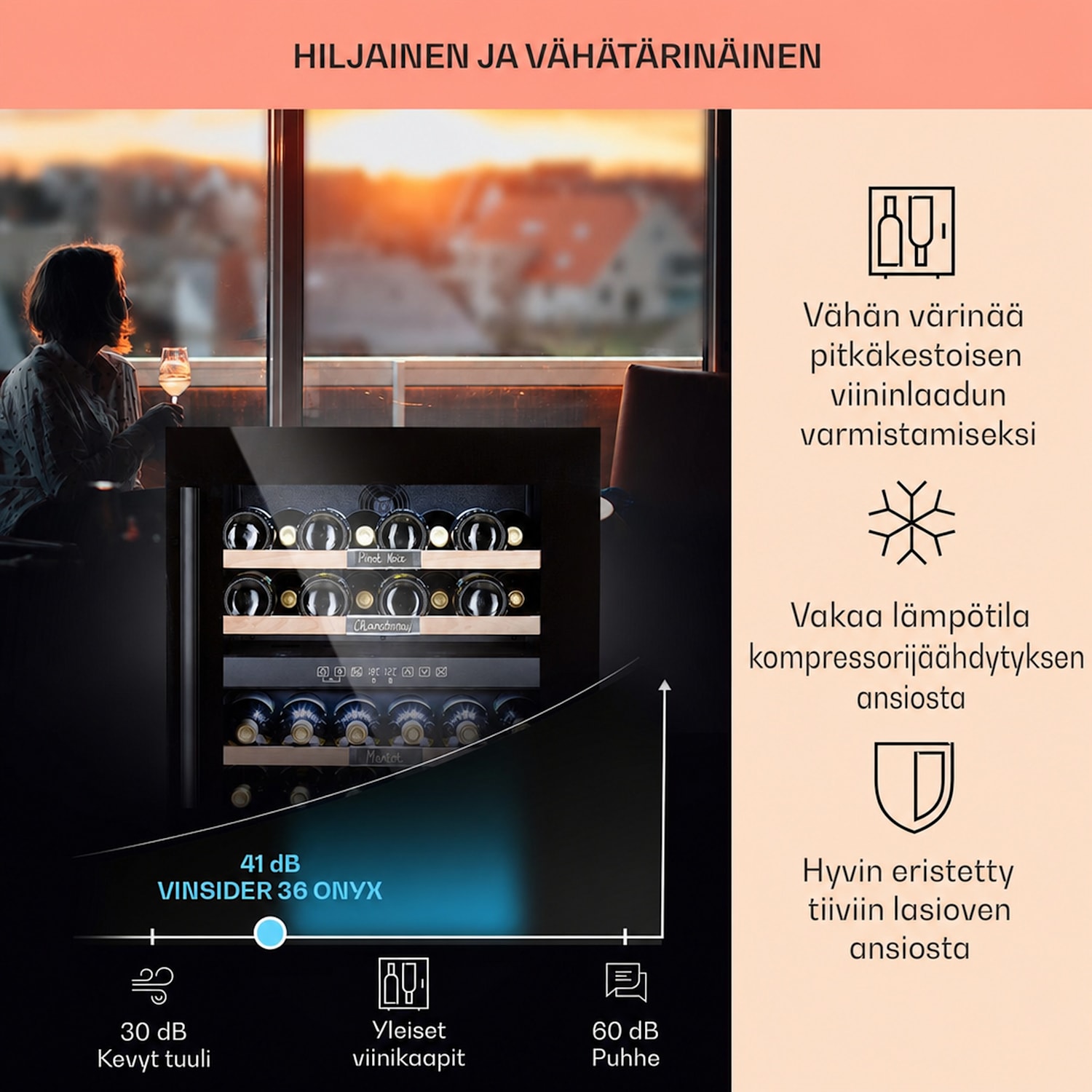 Vinsider 36 Onyx Edition -viinikaappi 2 jäähdytysaluetta 5-22 °C 85 l  36 pulloa | 2 jäähdytysalue | Musta