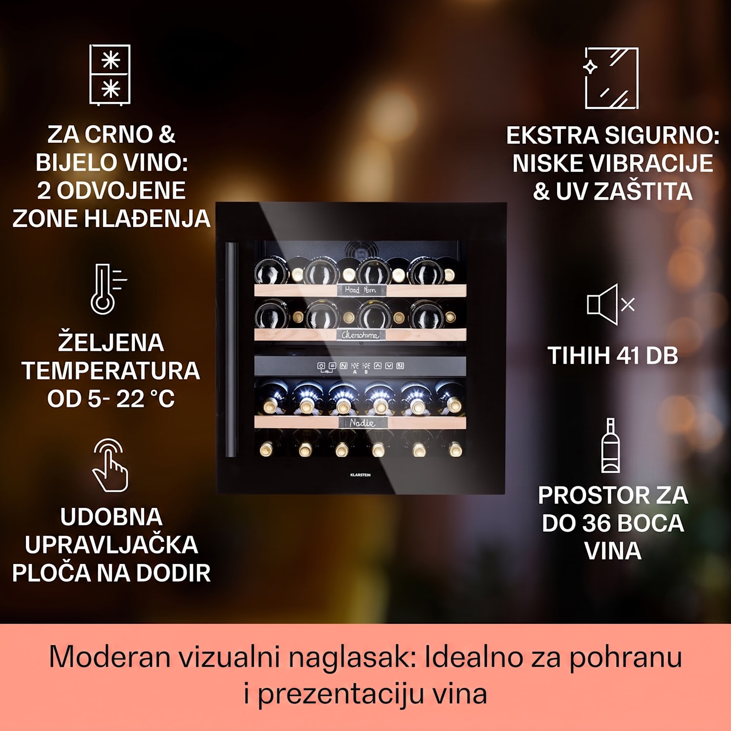 Vinsider 36 Onyx Edition, vinoteka, 2 zone hlađenja, 5-22°C, 85 l 36 boca | 2 | Crna