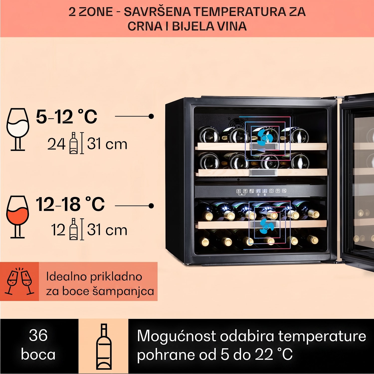 Vinsider 36 Onyx Edition, vinoteka, 2 zone hlađenja, 5-22°C, 85 l 36 boca | 2 | Crna