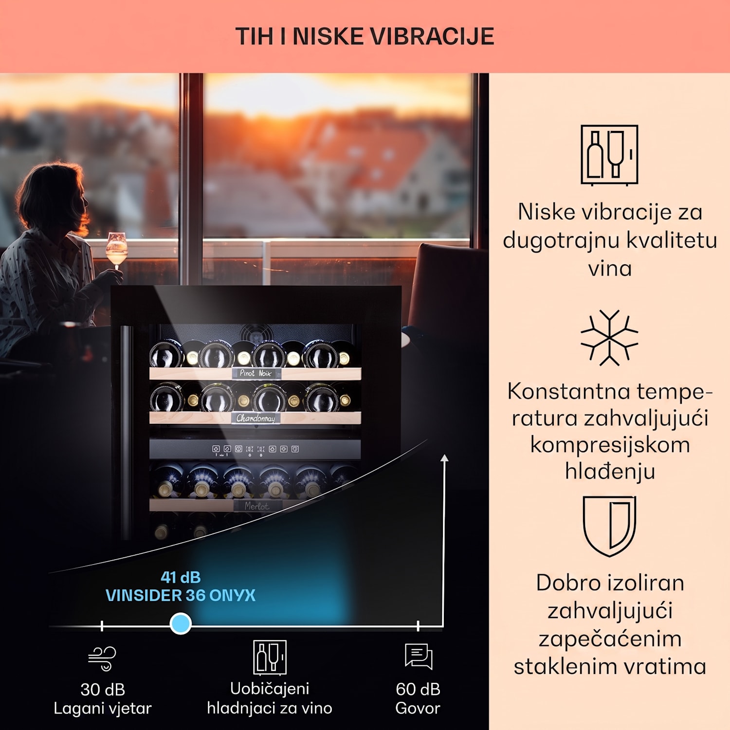 Vinsider 36 Onyx Edition, vinoteka, 2 zone hlađenja, 5-22°C, 85 l 36 boca | 2 | Crna