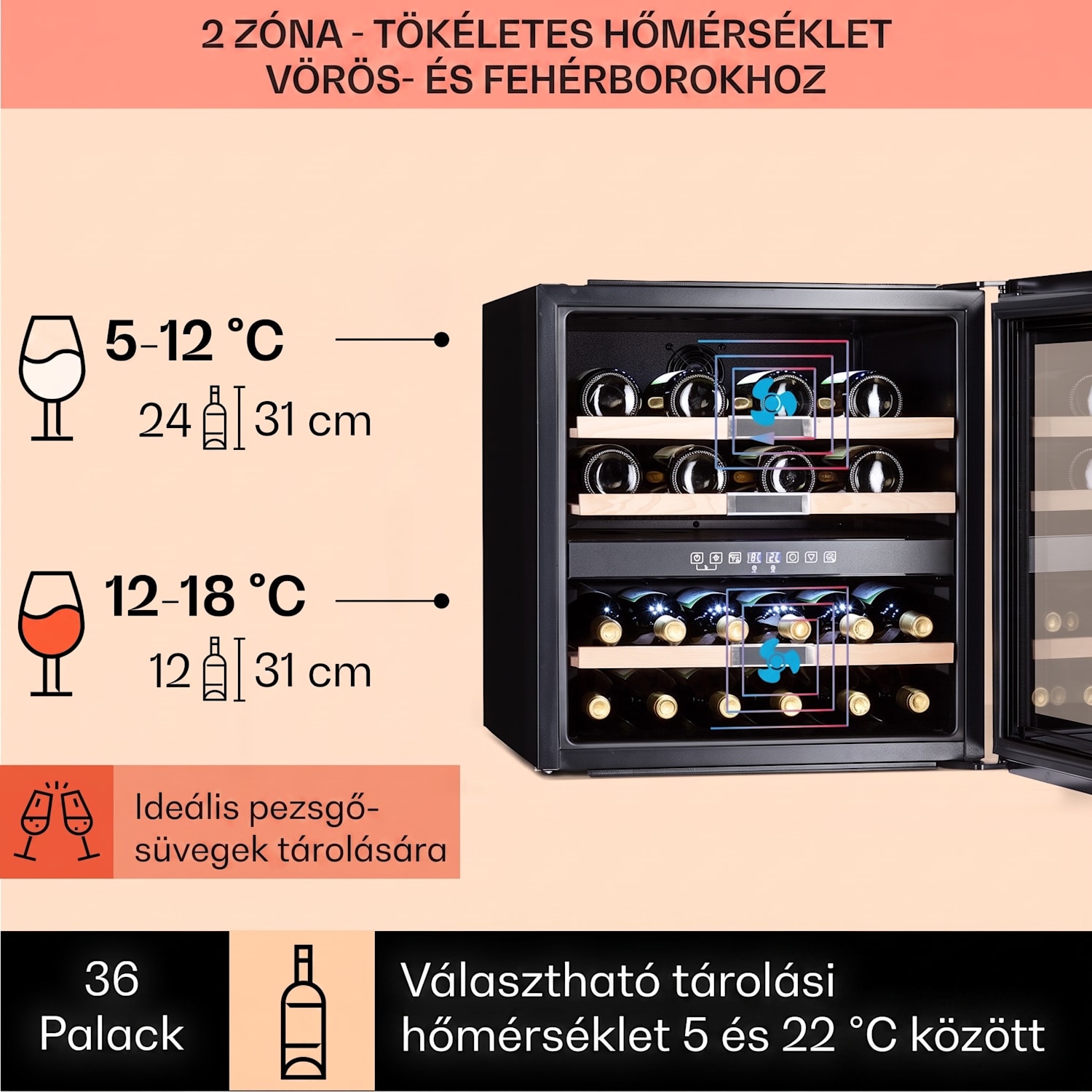 Vinsider 36 Onyx Edition, borhűtő, 85 liter, 5 - 22 °C, 2 zóna 36 palack | 2 hűtőzóna | Fekete