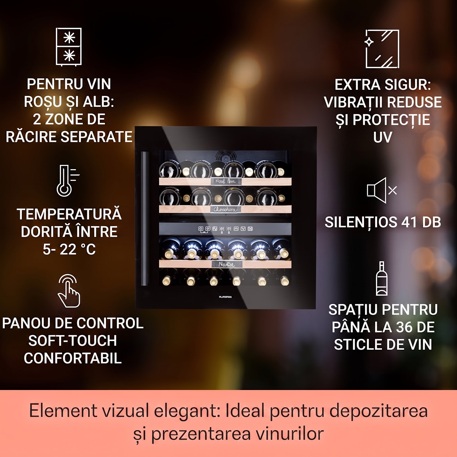Vinsider 36 Onyx Edition, vinotecă, 85 l, 5-22°C, 2 zone. 36 de sticle | 2 | Negru