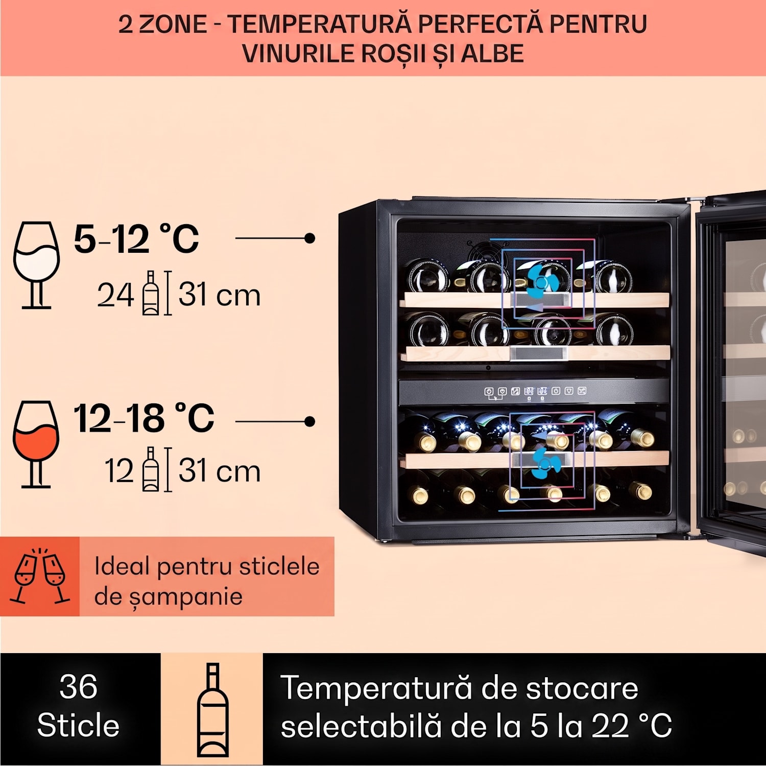 Vinsider 36 Onyx Edition, vinotecă, 85 l, 5-22°C, 2 zone. 36 de sticle | 2 | Negru