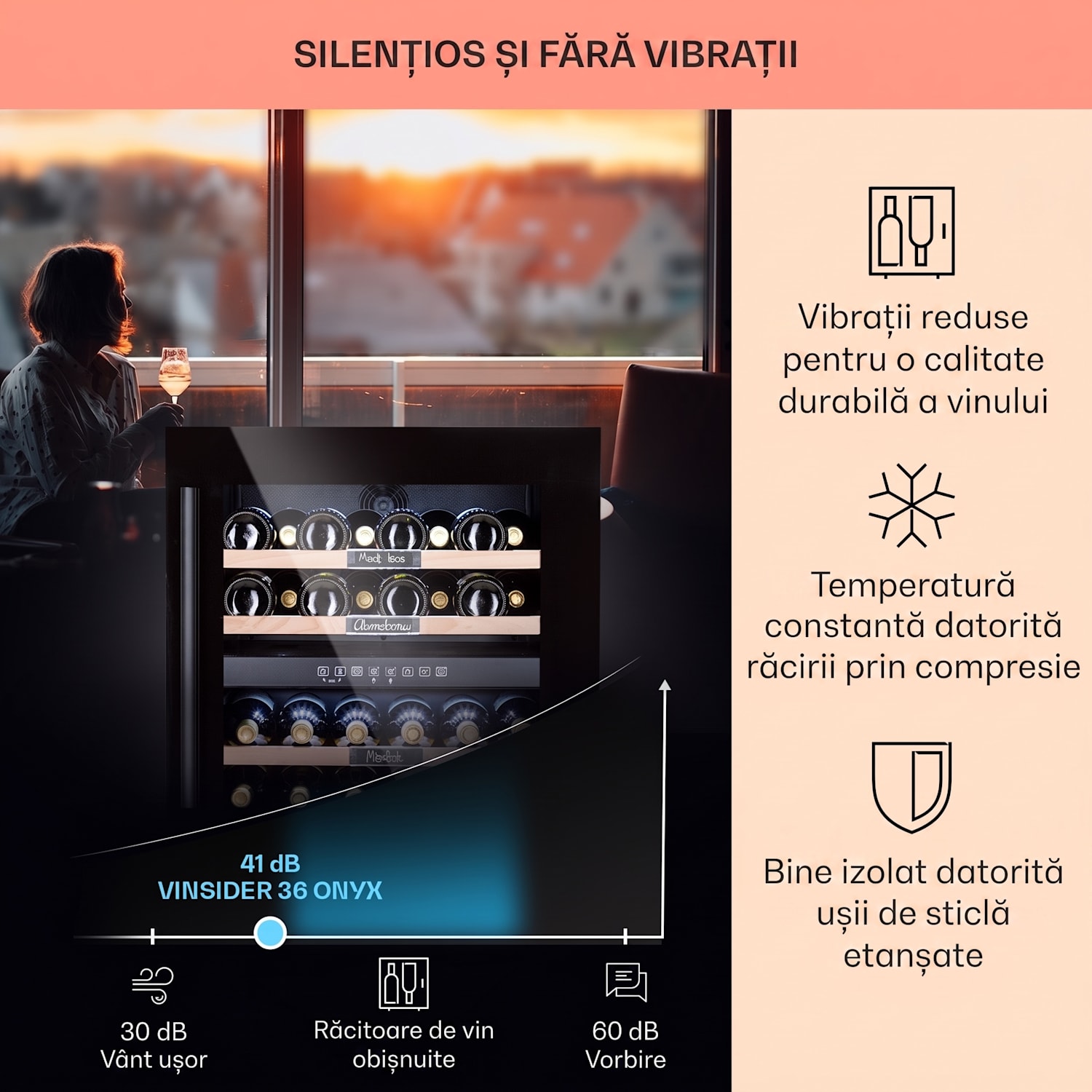 Vinsider 36 Onyx Edition, vinotecă, 85 l, 5-22°C, 2 zone. 36 de sticle | 2 | Negru