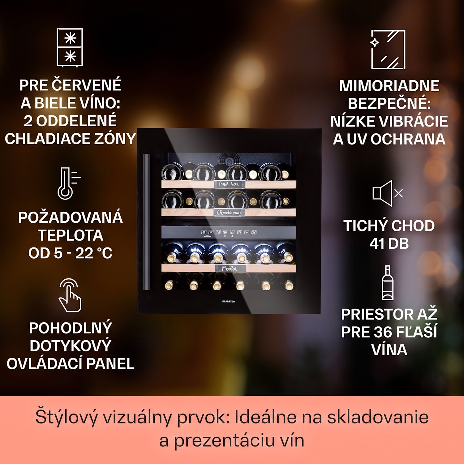 Vinsider 36 Onyx Edition, vinotéka, 85 l, 5-22°C, 2 zóny 36 fliaš | 2 chladiace zóny | Čierna