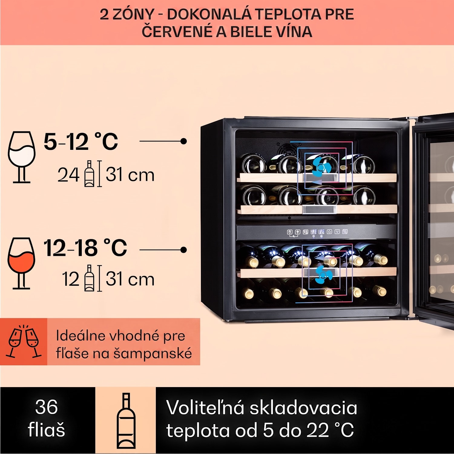 Vinsider 36 Onyx Edition, vinotéka, 85 l, 5-22°C, 2 zóny 36 fliaš | 2 chladiace zóny | Čierna