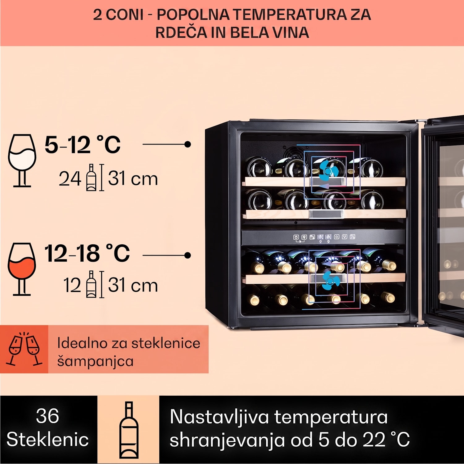 Vinsider 36 Onyx Edition, vinska omara, 2 hladilni coni, 5-22 °C, 85 l 36 steklenic | 2 | Črna