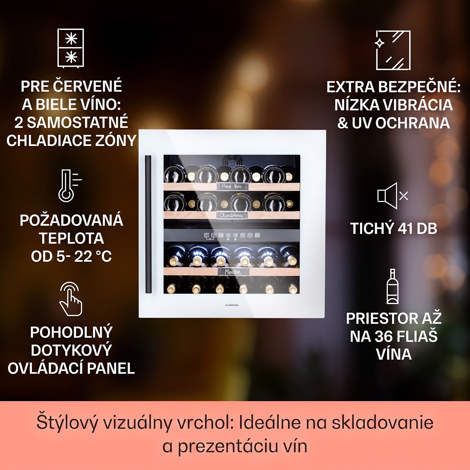 Vinsider 36 Quartz Edition, vinotéka, 85 l, 5-22°C, 2 zóny 36 fliaš | 2 chladiace zóny | Biele sklo