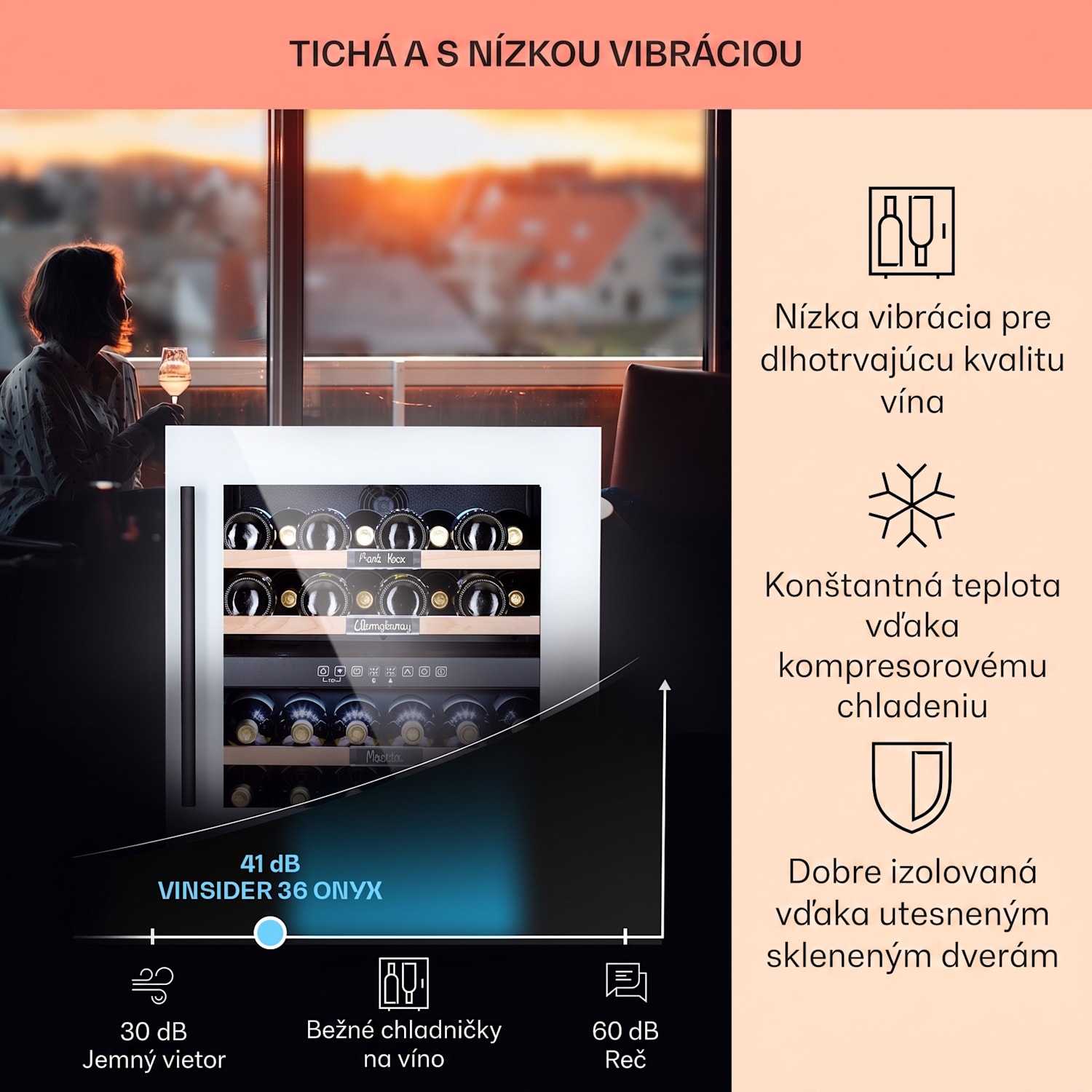Vinsider 36 Quartz Edition, vinotéka, 85 l, 5-22°C, 2 zóny 36 fliaš | 2 chladiace zóny | Biele sklo