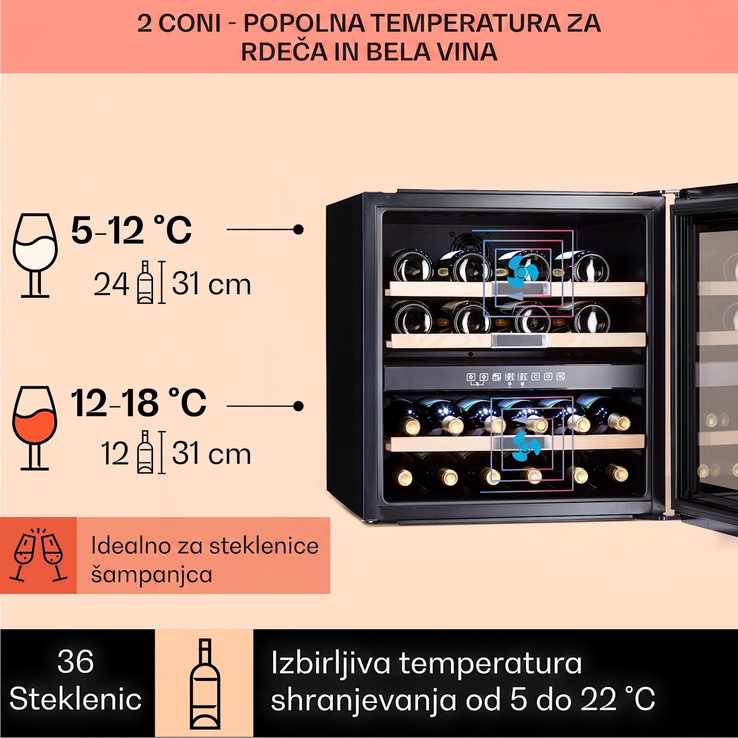 Vinsider 36 Onyx Edition, vinska omara, 2 hladilni coni, 5-22 °C, 85 l 36 steklenic | 2 | Belo Steklo