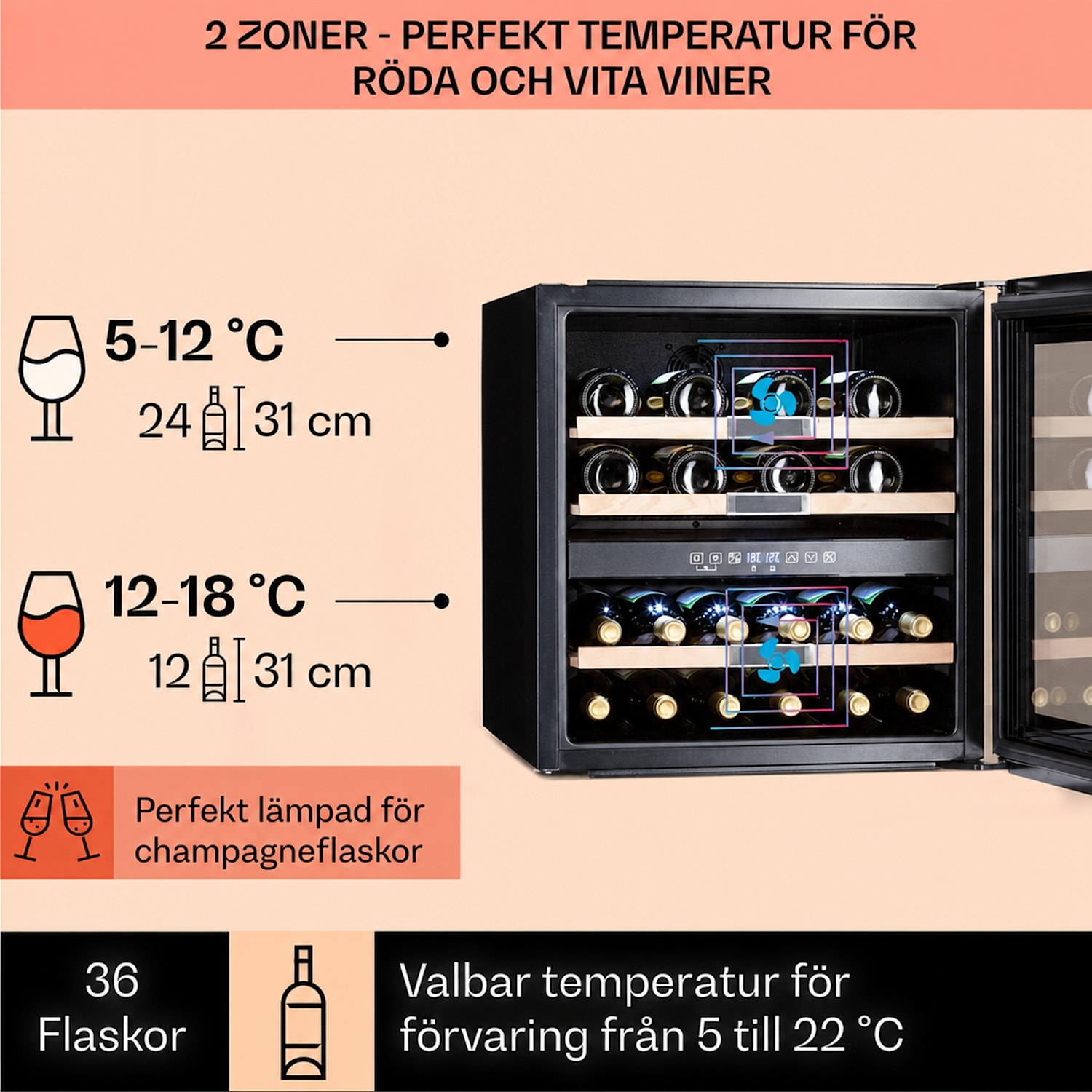 Vinsider 36 Quartz Edition vinkyl 2 kylzoner 5-22°C 85 l 36 flaskor | 2 kylzoner | Vit Glas