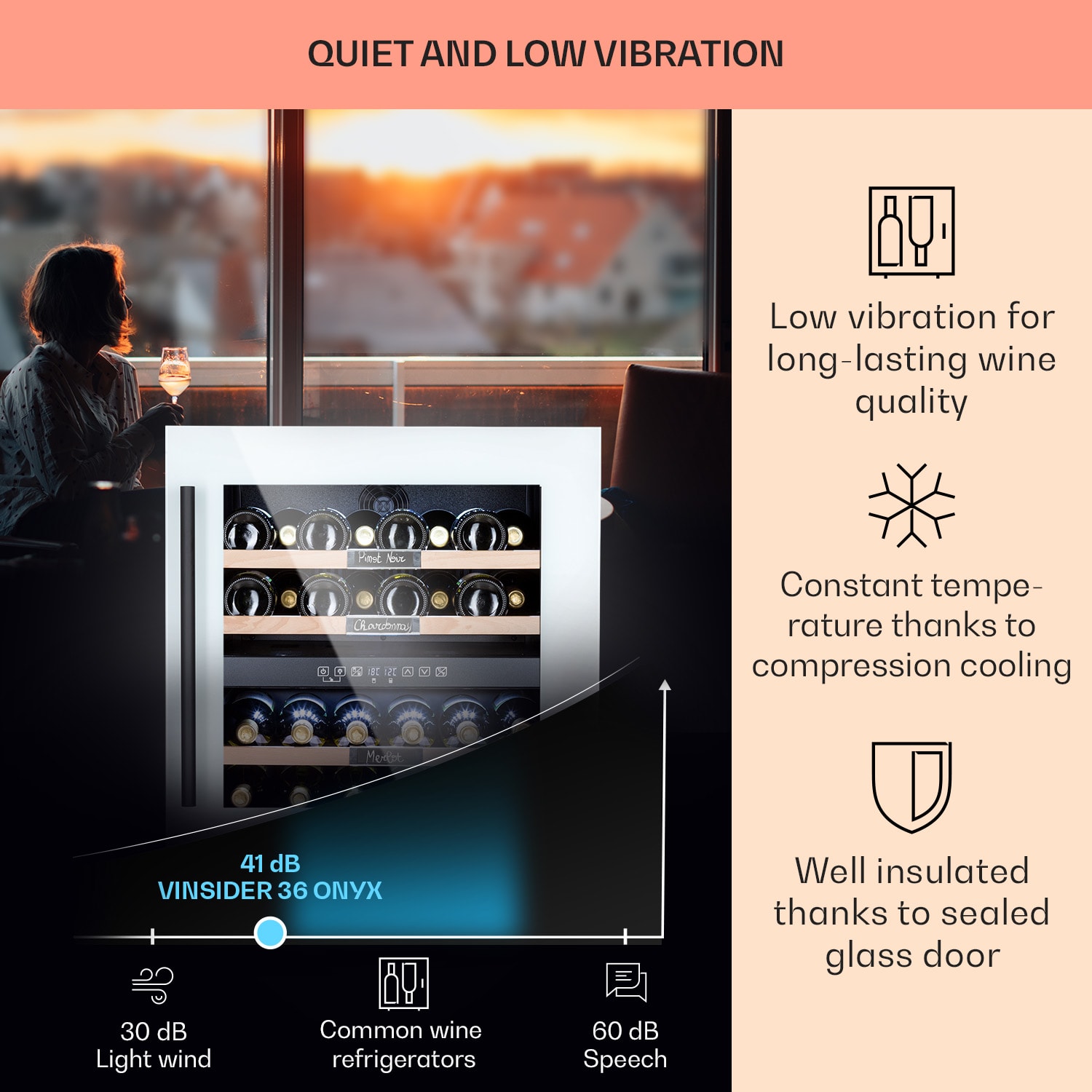 Vinsider 36 Quartz Edition, vinoteka, 2 zone hlađenja, 5-22°C, 85 l 36 boca | 2 | Bijelo staklo