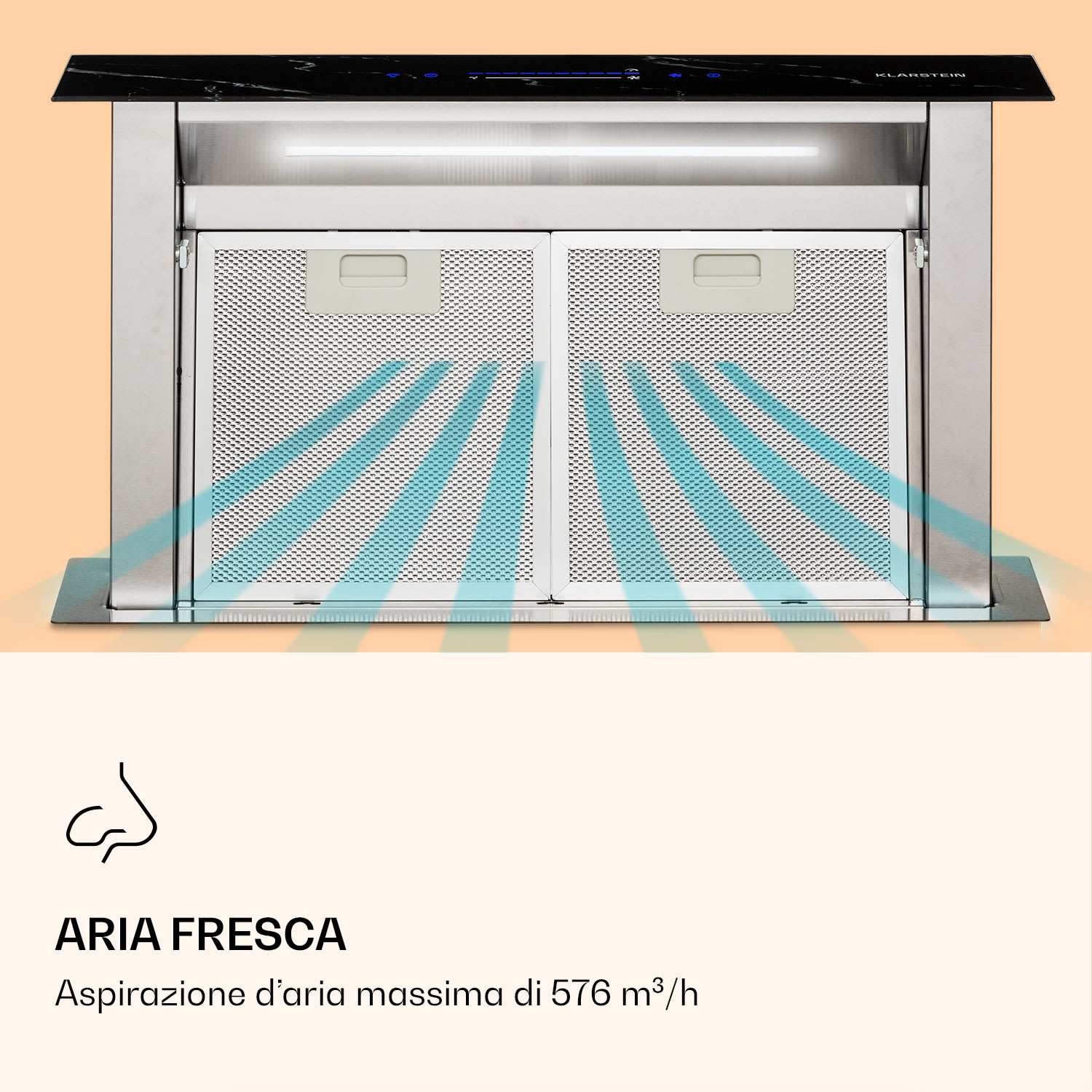 Royal Flush Eco cappa aspirante, 60 cm, 576 m³/h, A+  60 cm | Nero/ Nero marmo | Acciaio inox