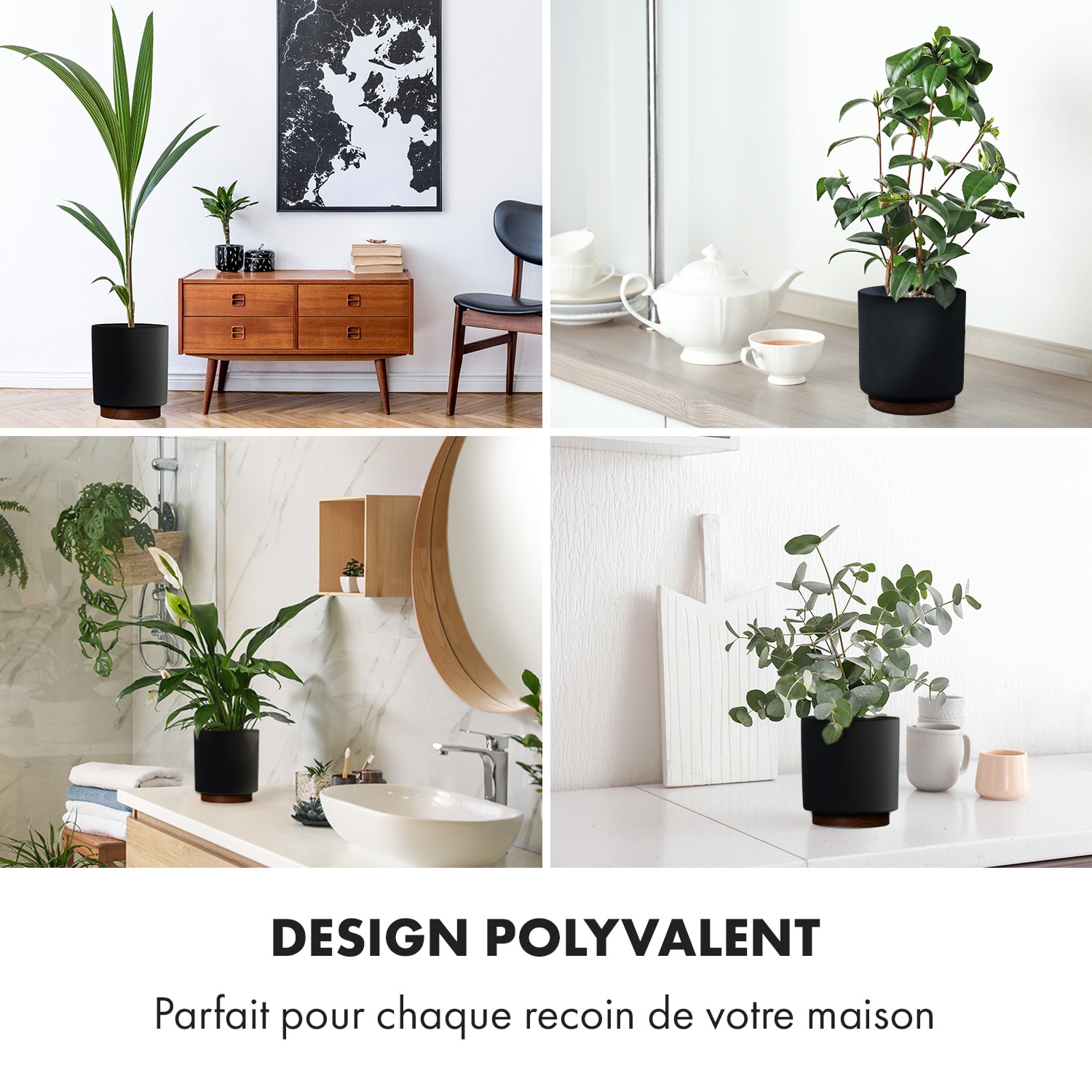 Enspijk pots de fleurs bois de noyer polystone fait à la main 2 tailles M (Ø 25,4 cm) | Noir