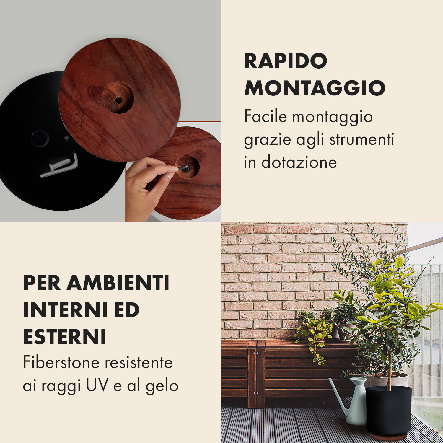 Enspijk vasi per piante, legno di noce, polystone, fatti a mano, 2 misure M (Ø 25,4 cm) | Nero