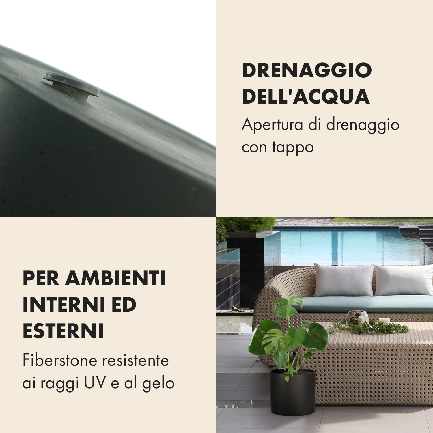 Fioriera, vaso per piante, fiberstone, interni/esterni XL (Ø 38,1 cm) | Nero