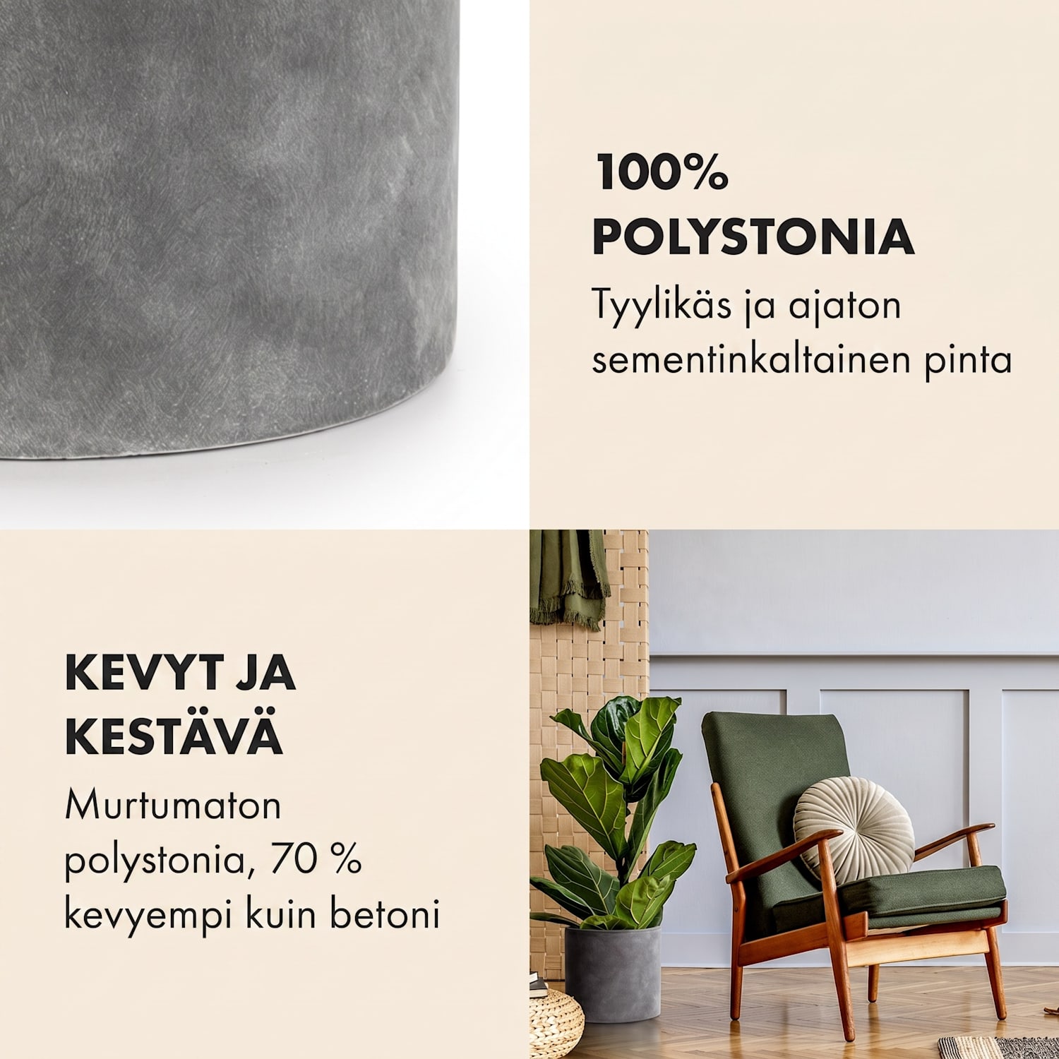 Venlo kukkaruukku polystone sisälle ja ulos 3 kokoa S (Ø 20,3 cm) | Tummanharmaa Sementti