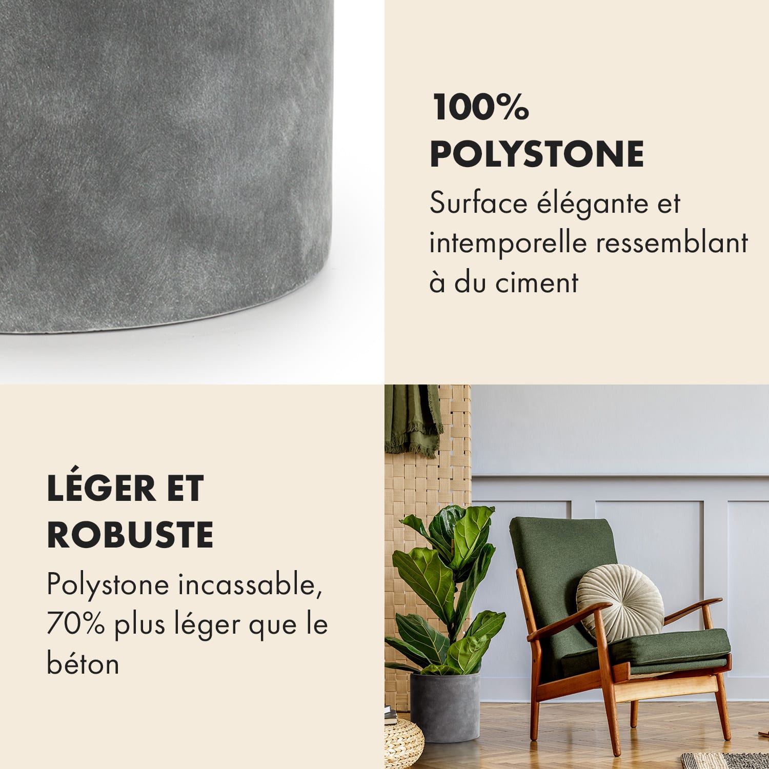 Pot de fleurs Venlo polystone intérieur et extérieur 3 tailles S (Ø 20,3 cm) | Ciment Gris Foncé