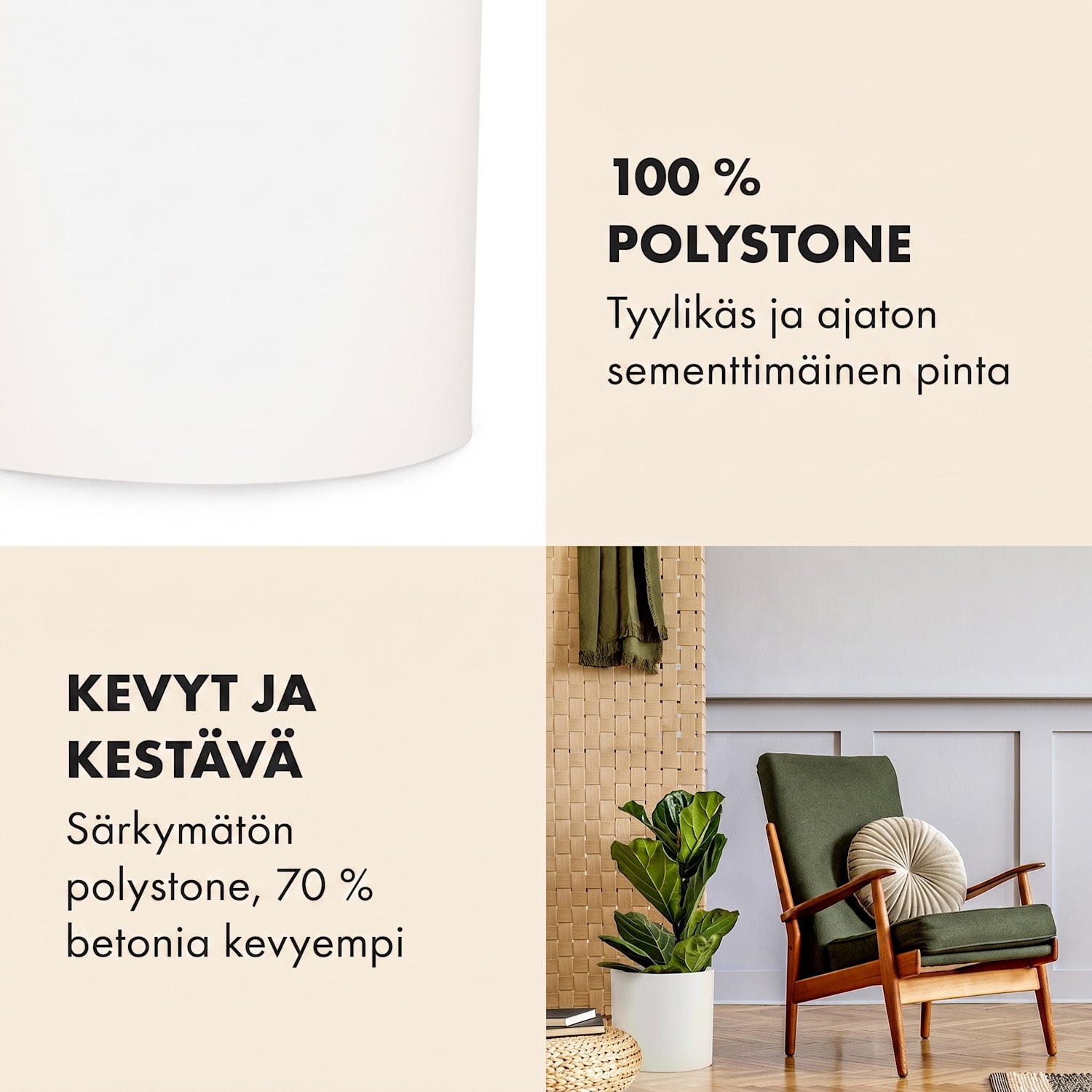 Venlo kukkaruukku polystone sisälle ja ulos 3 kokoa M (Ø 25,4 cm) | Valkoinen