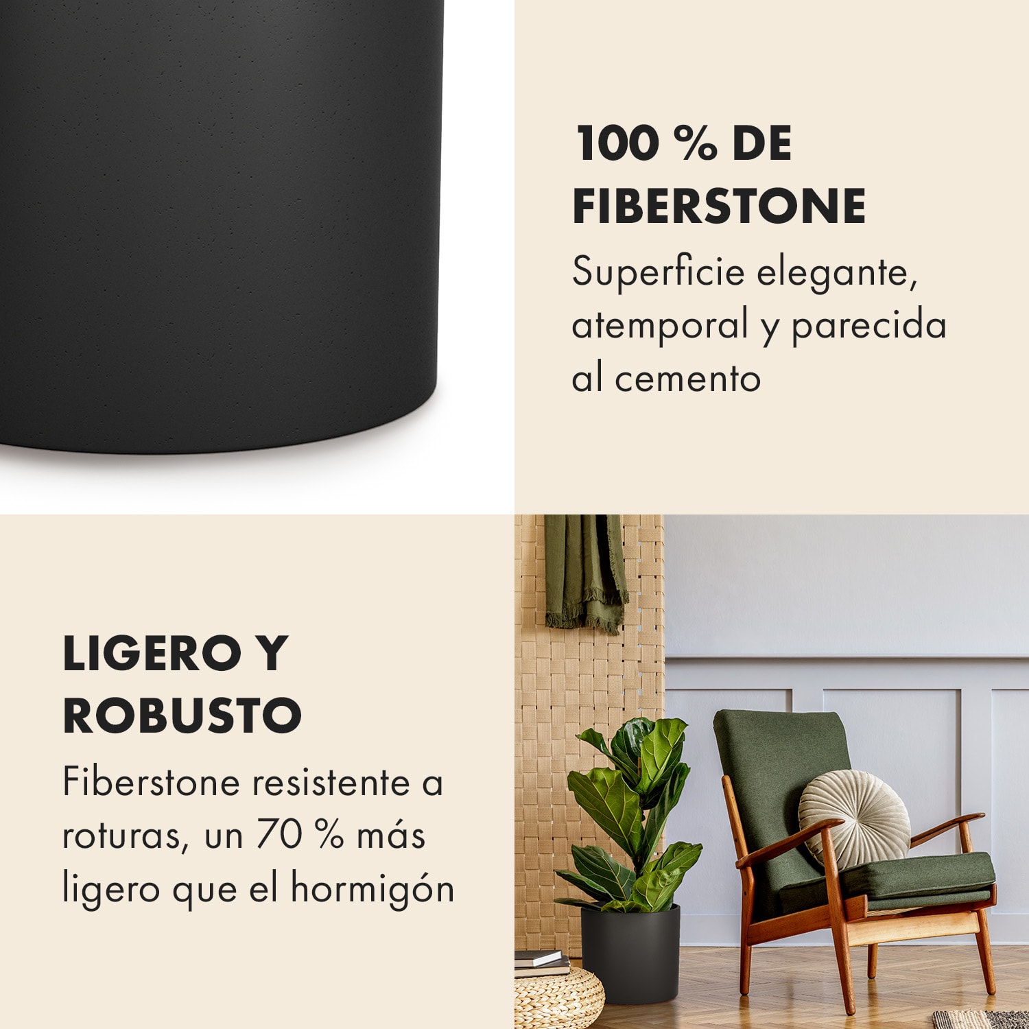 Maceta/macetero de piedra de fibra interior/exterior M (Ø 25,4 cm) | Negro