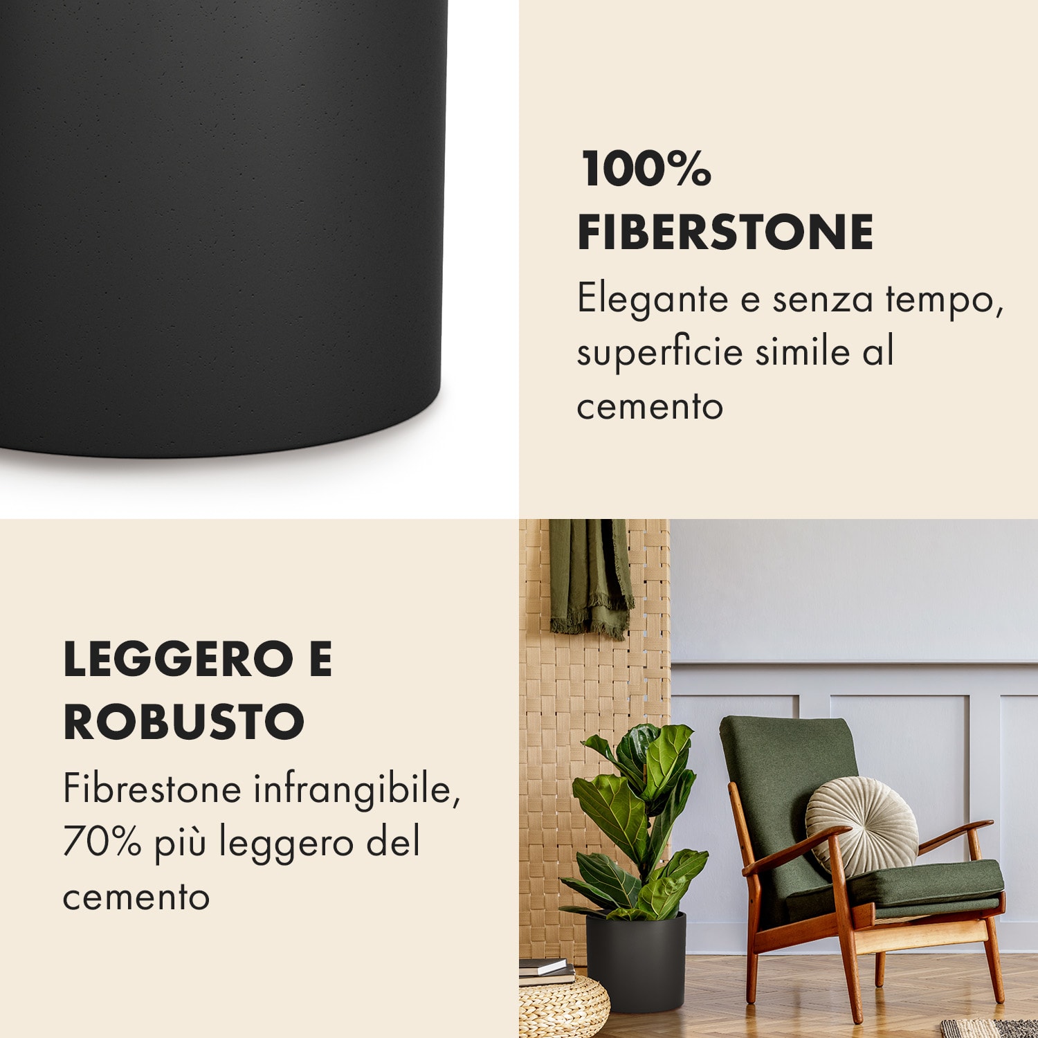 Fioriera, vaso per piante, fiberstone, interni/esterni M (Ø 25,4 cm) | Nero