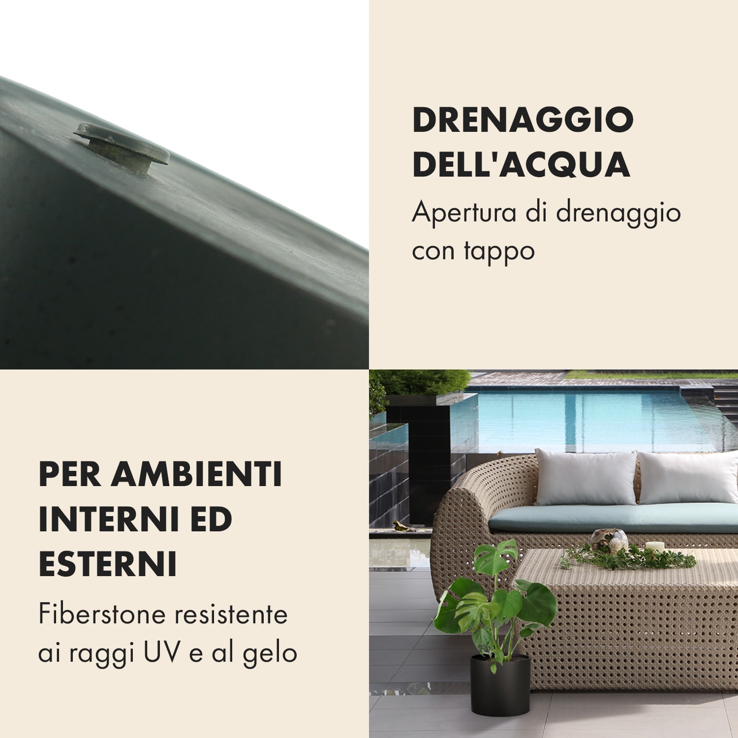 Fioriera, vaso per piante, fiberstone, interni/esterni M (Ø 25,4 cm) | Nero