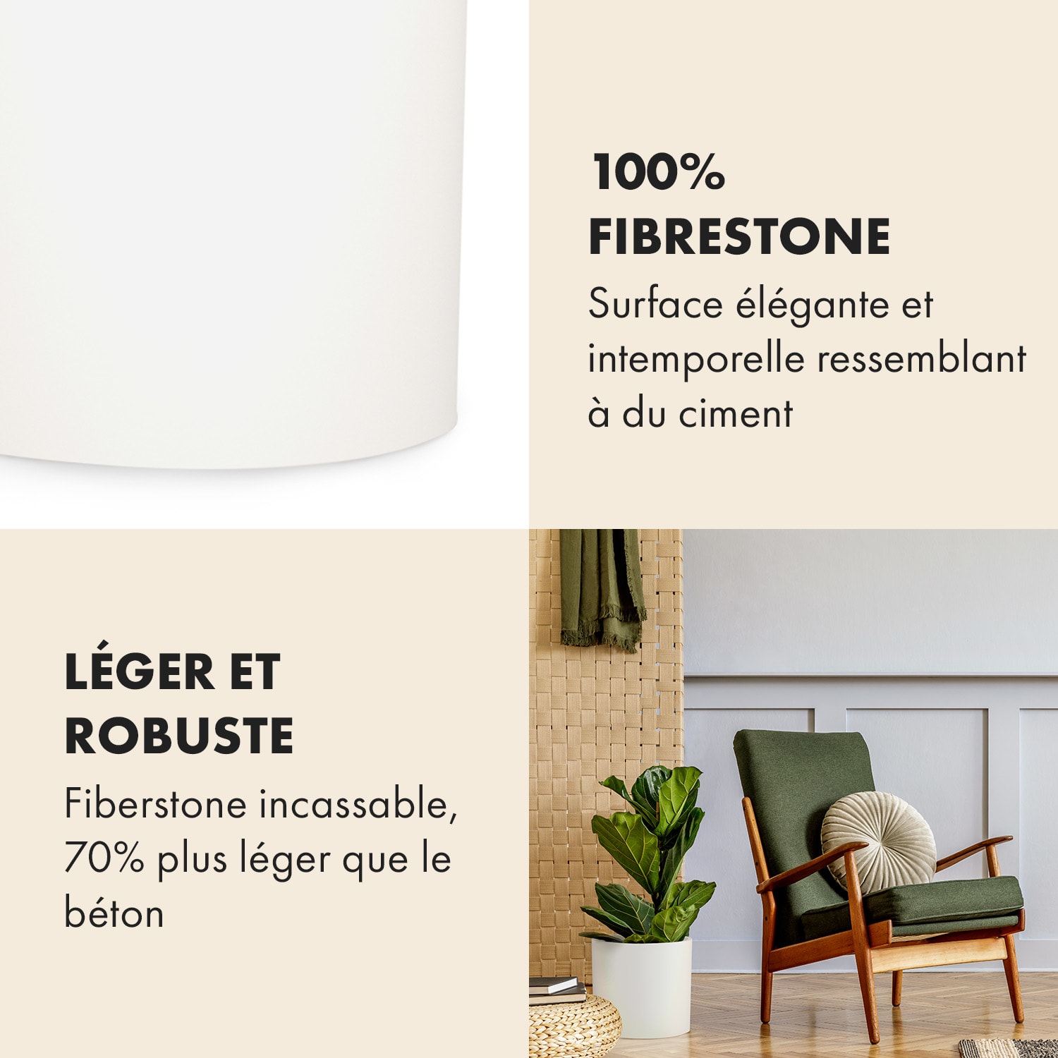 Jardinière en fibre de pierre pour intérieur/extérieur M (Ø 25,4 cm) | Blanc