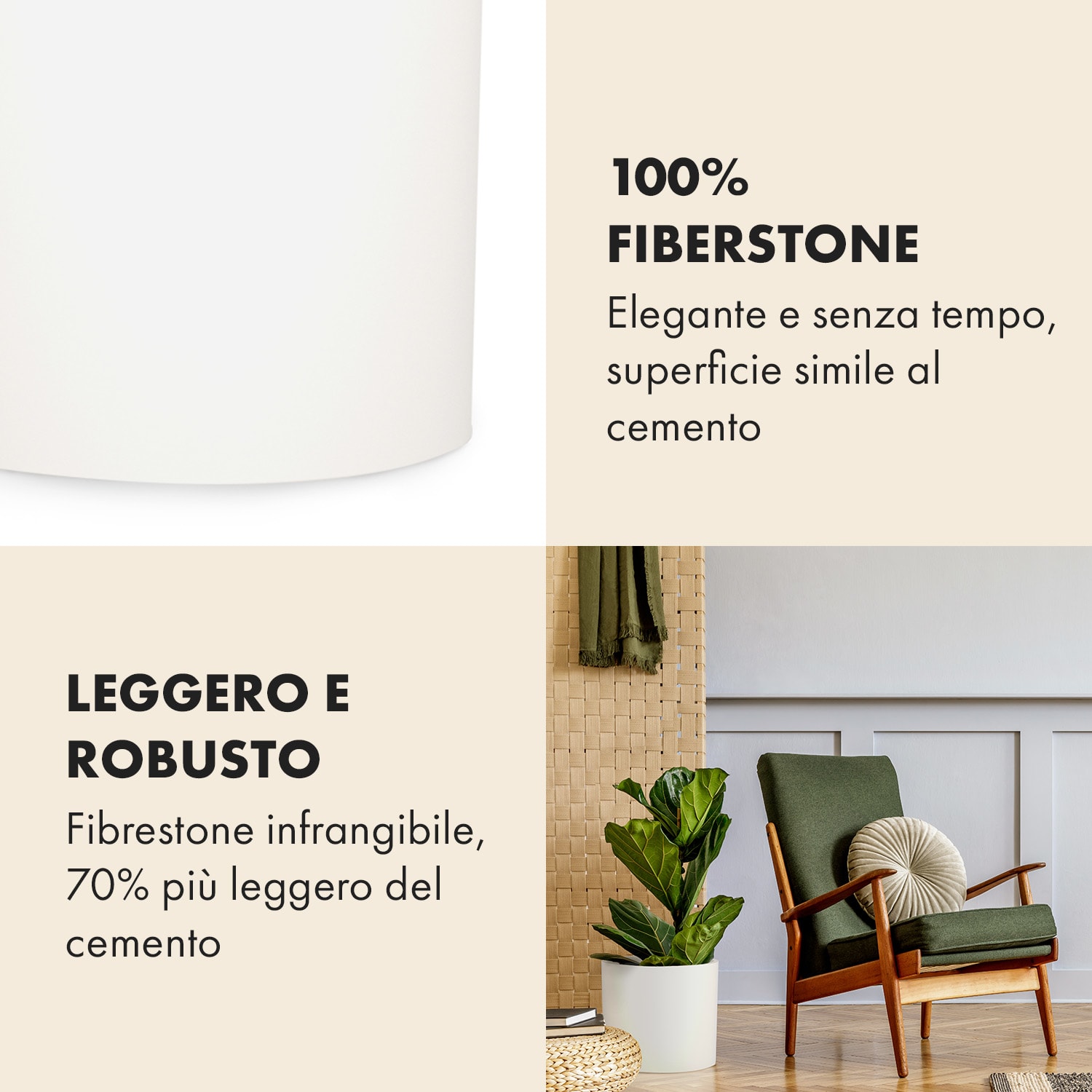 Fioriera, vaso per piante, fiberstone, interni/esterni L (Ø 30,48 cm) | Bianco