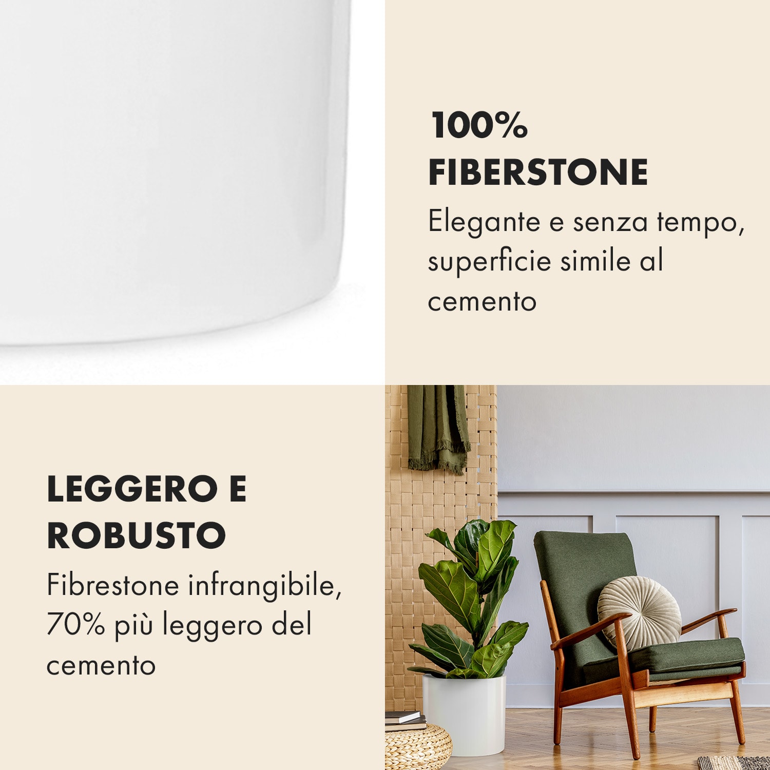 Fioriera, vaso per piante, fiberstone, interni/esterni L (Ø 30,48 cm) | bianco lucido