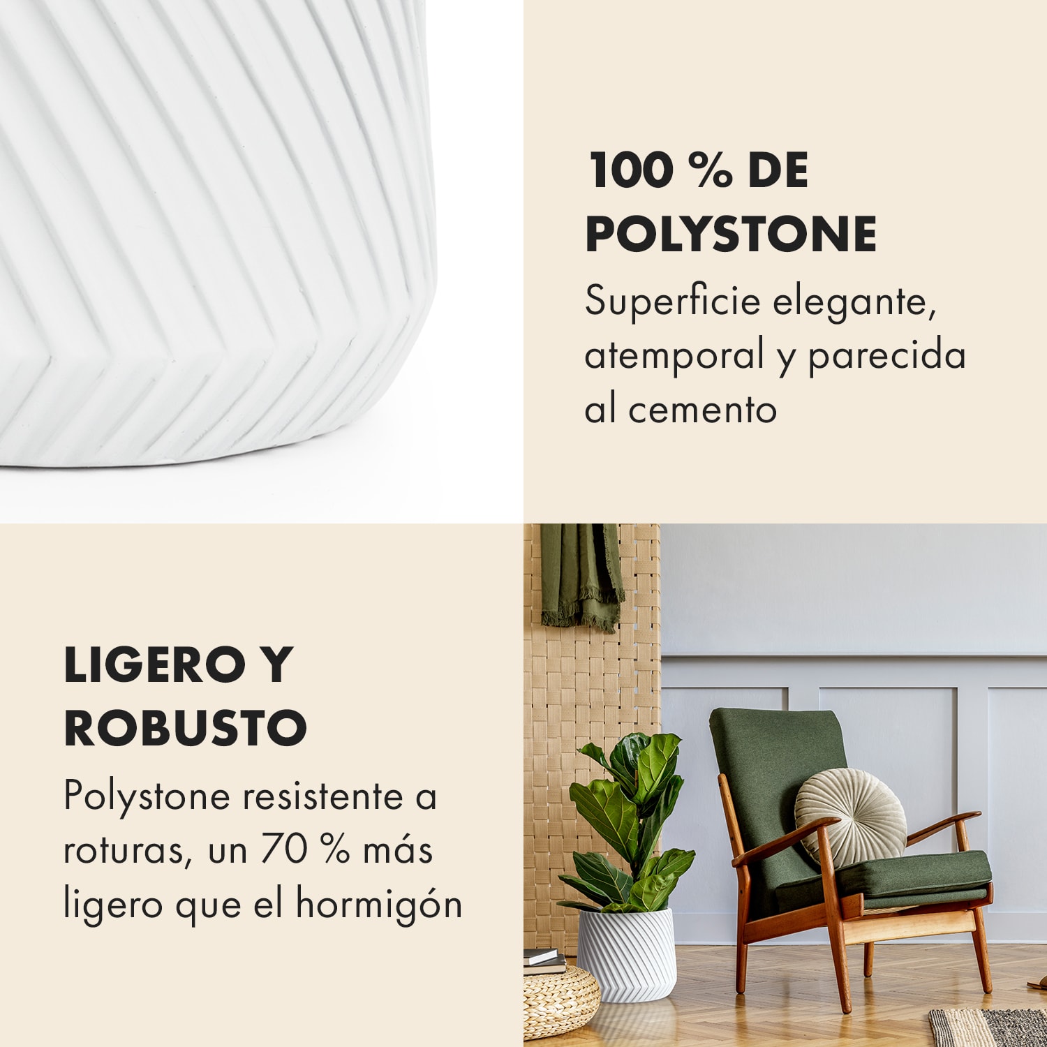 Maceta hecha a mano de polystone apto para plantas S (Ø 20,3 cm) | Blanco