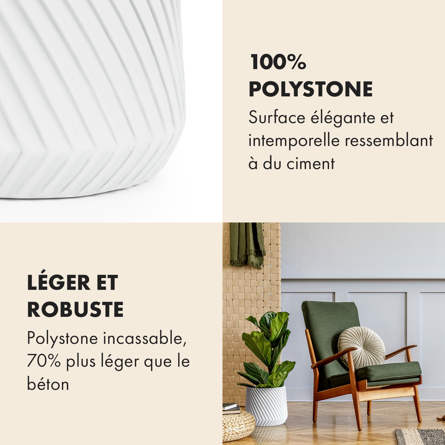 Pot de fleurs Heusden fait à la main, en polystone respectueux des plantes. S (Ø 20,3 cm) | Blanc