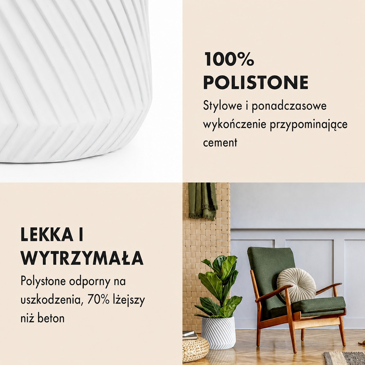 Heusden, doniczka, Polystone, przyjazna dla roślin, ręcznie wykonana S (Ø 20,3 cm) | Biały