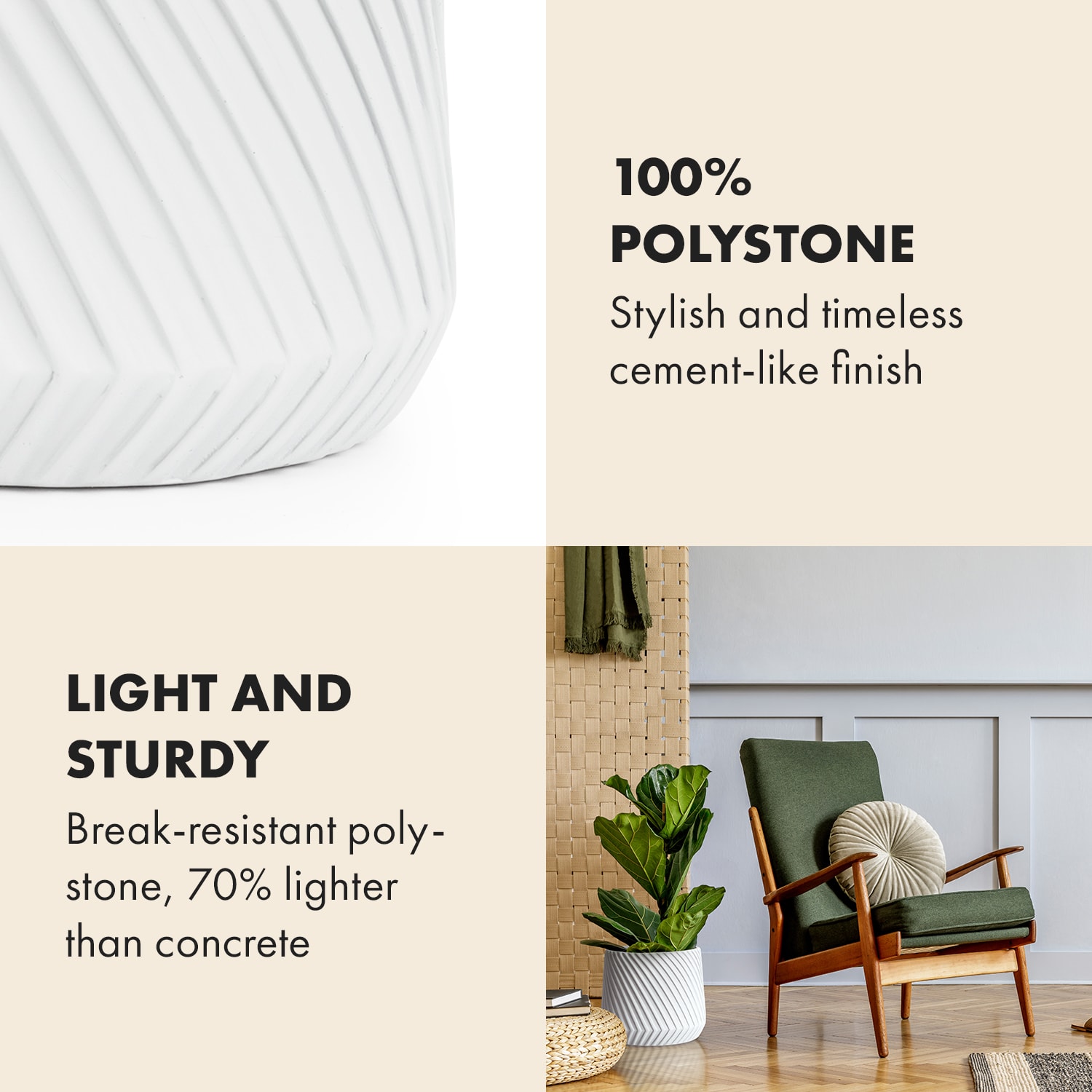 Heusden, květináč, Polystone, vhodný pro rostliny, ruční výroba S (Ø 20,3 cm) | Bílá