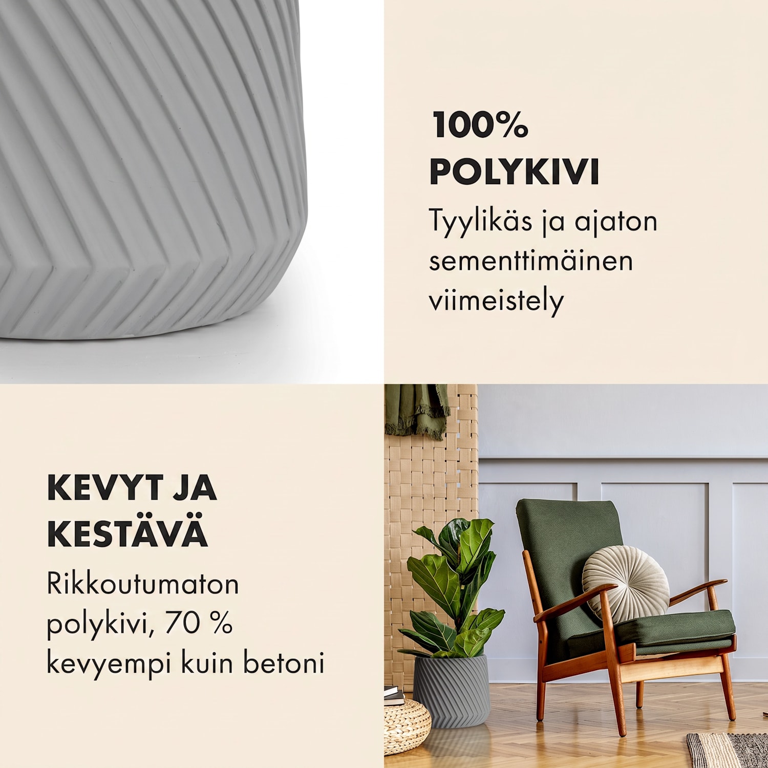 Heusden kukkaruukku polystone kasviystävällinen käsintehty S (Ø 20,3 cm) | Keskiharmaa