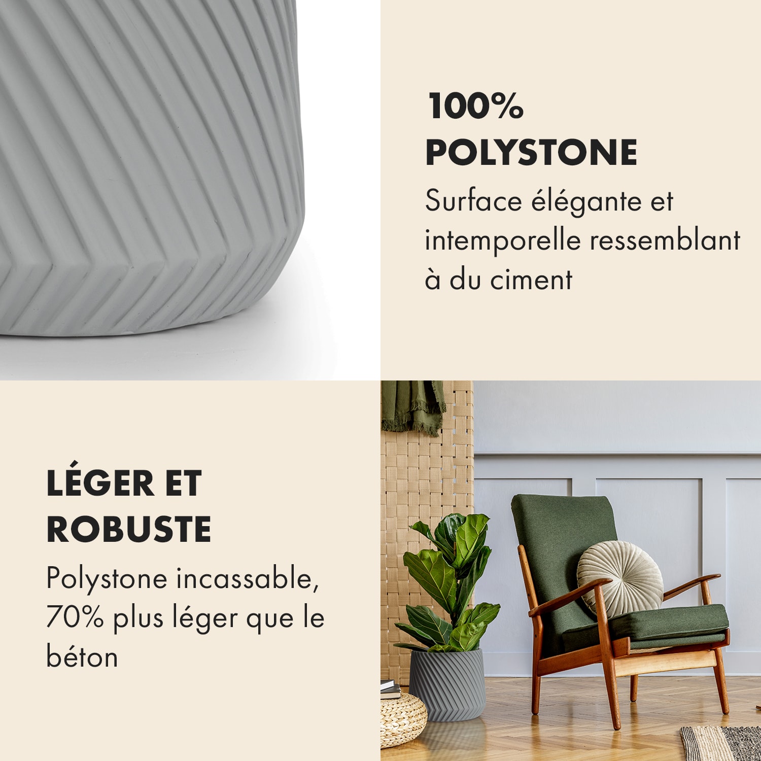 Pot de fleurs Heusden fait à la main, en polystone respectueux des plantes. S (Ø 20,3 cm) | Gris Moyen