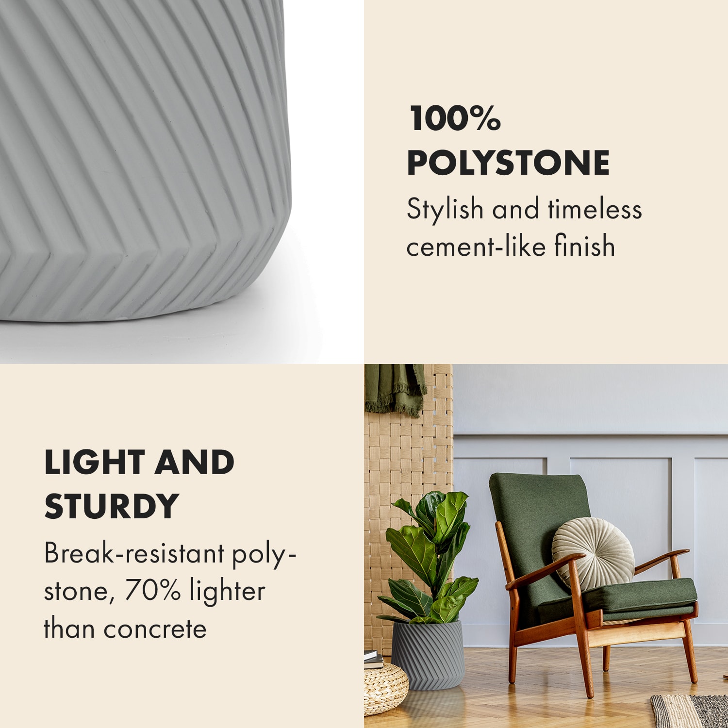 Heusden, květináč, Polystone, vhodný pro rostliny, ruční výroba S (Ø 20,3 cm) | Středně šedá