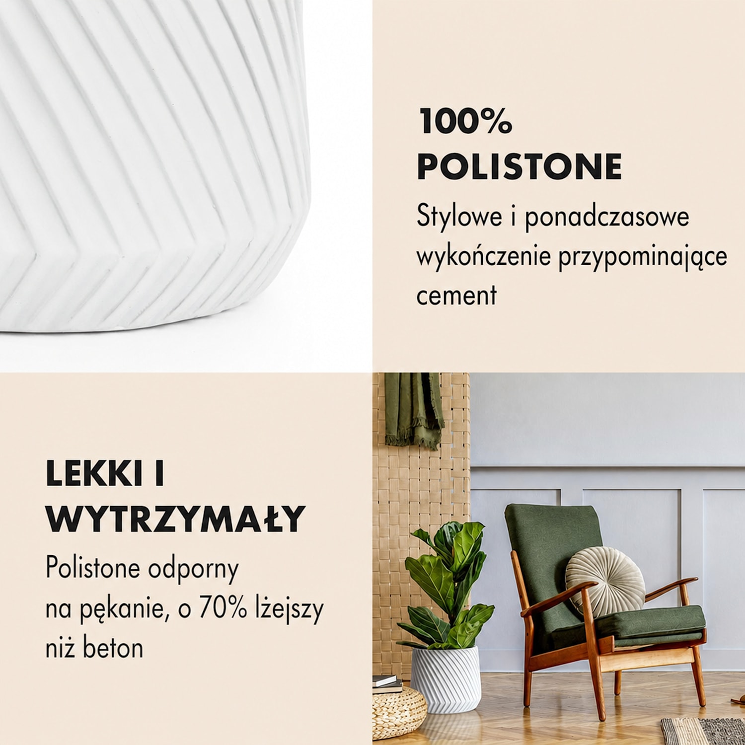 Heusden, zestaw 2 doniczek na stojaku, Polystone, idealna dla roślin, wykonana ręcznie, wygląd 3D 