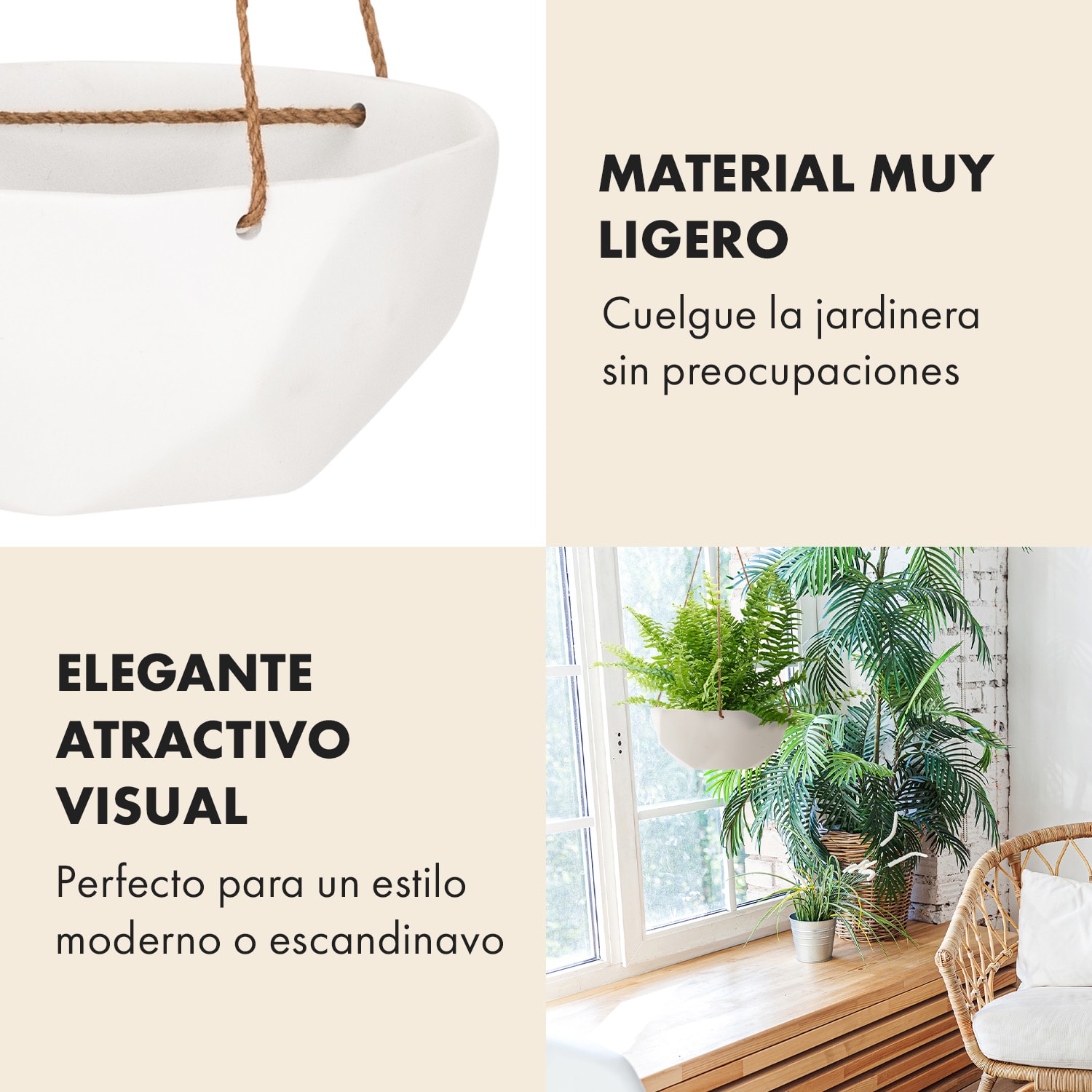 Cesta colgante Laren Ø 28 cm polystone con cuerdas naturales 