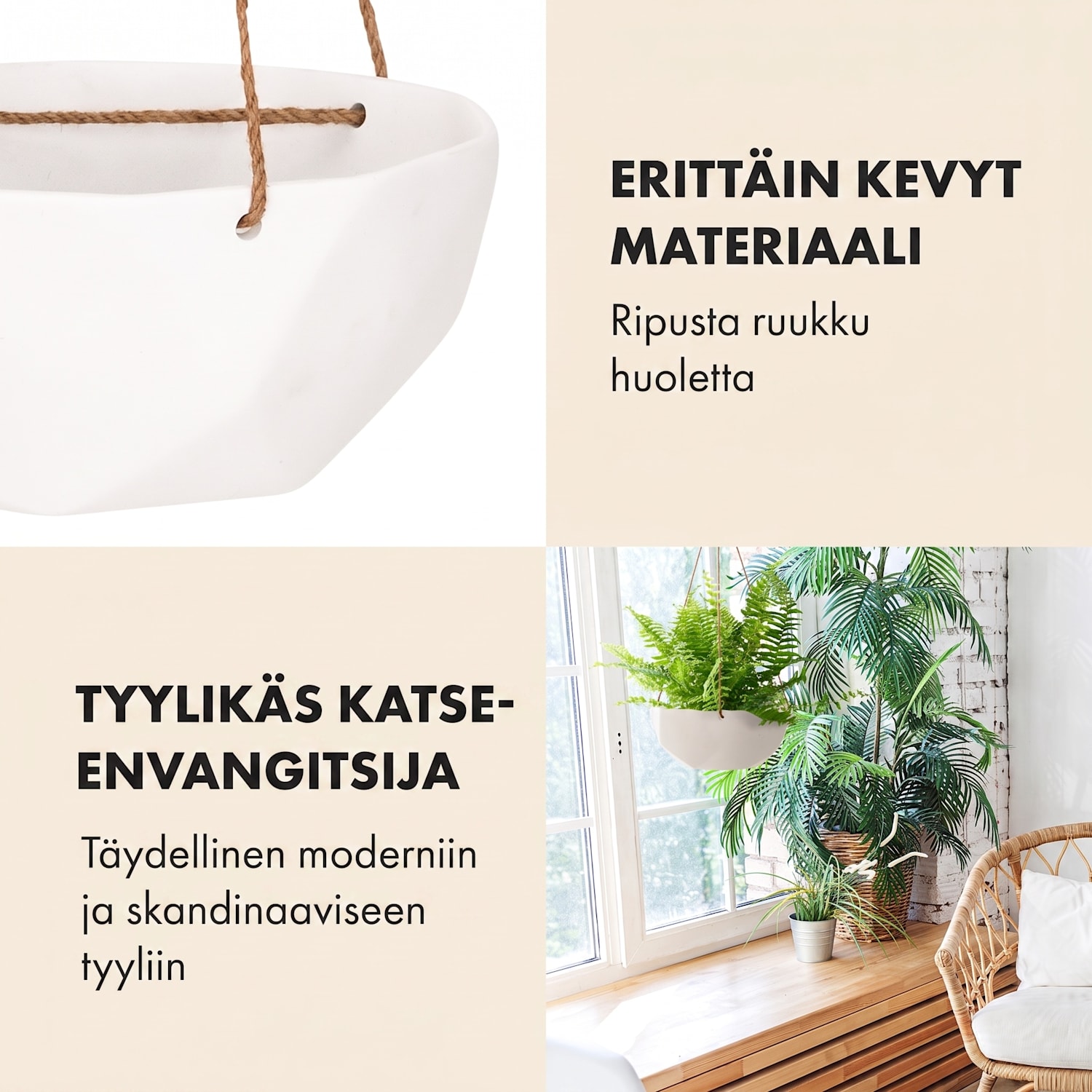 Laren kukka-amppeli Ø 28 cm polystone luonnon köydet 