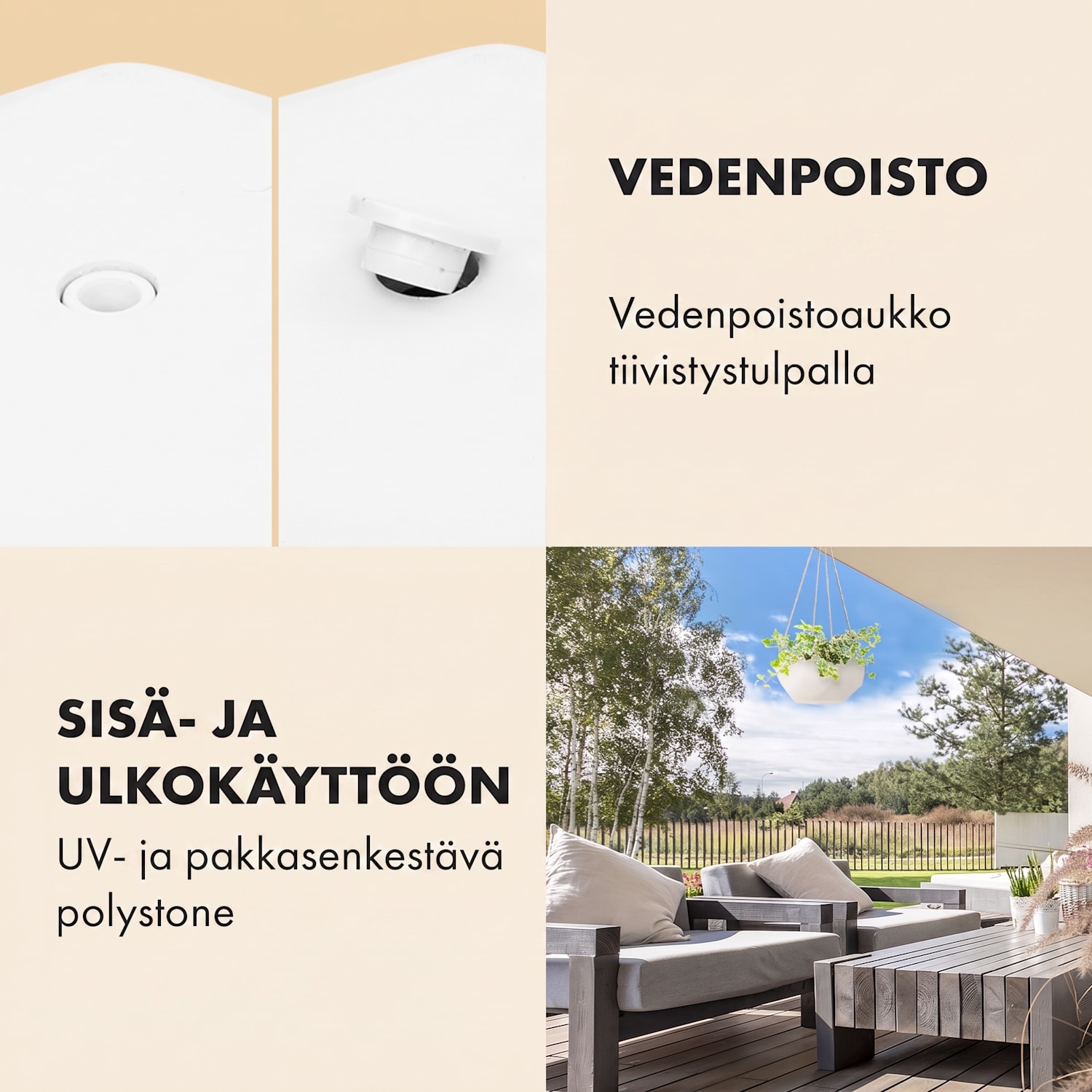 Laren kukka-amppeli Ø 28 cm polystone luonnon köydet 