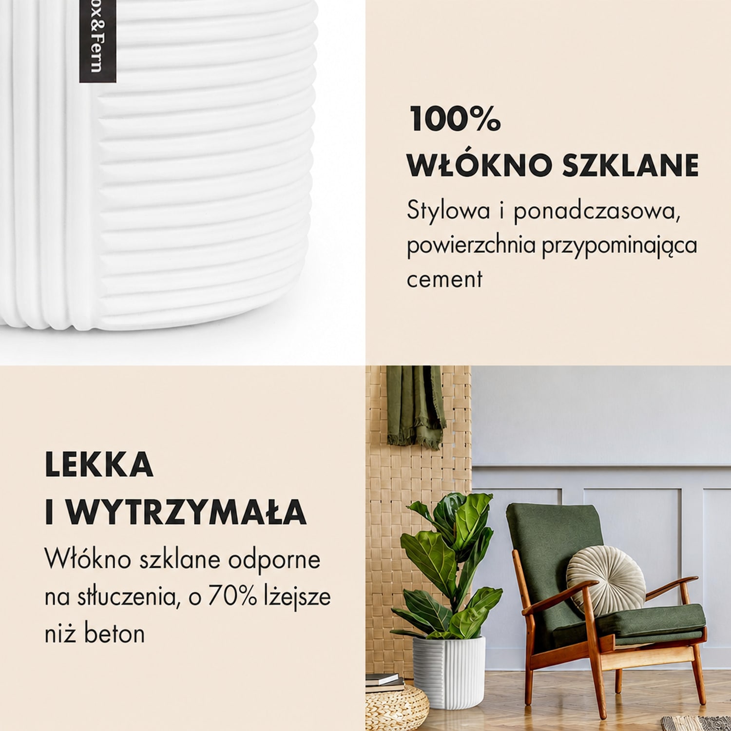 Hasselt, doniczka, Polystone, przyjazna dla roślin, wykonana ręcznie, wygląd 3D M (Ø 25,4 cm) | Biały