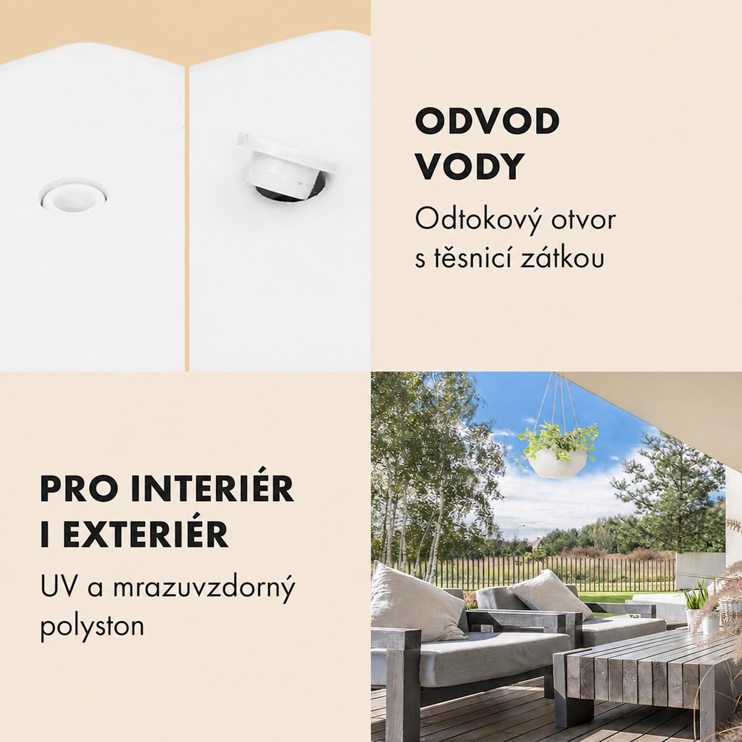 Laren, závěsný květináč, Ø 28 cm, Polystone, s přírodními lany, sada 2 kusů 
